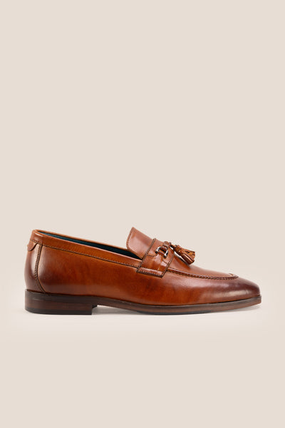 Oswin Hyde: Emmet Tan Trim Leather Tassel Loafers for Men