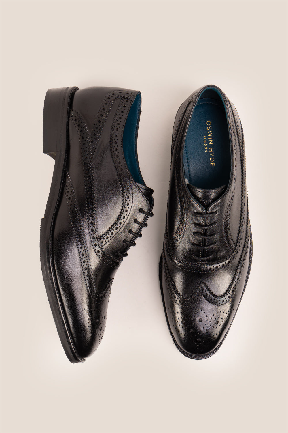 Oswin Hyde Stokes Black, an elegant and exclusive wing cap oxford leather shoe for men, crafted from premium leather