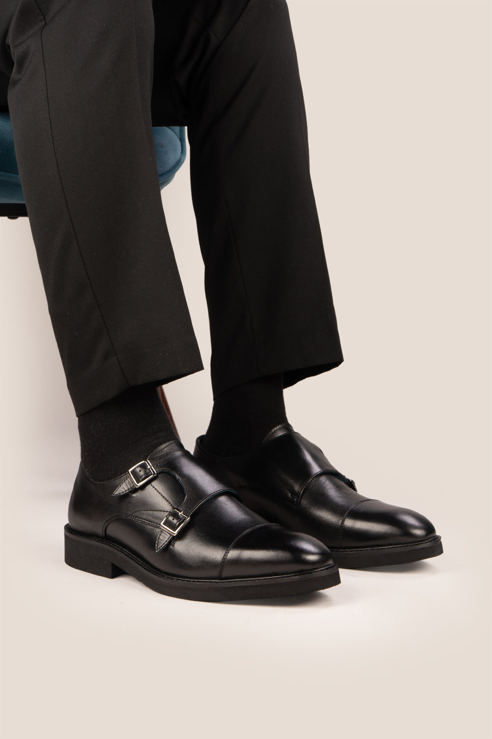 Garson Black double monk strap leather shoes for men by Oswin Hyde – elegant formal shoes with polished finish and cushioned leather insole