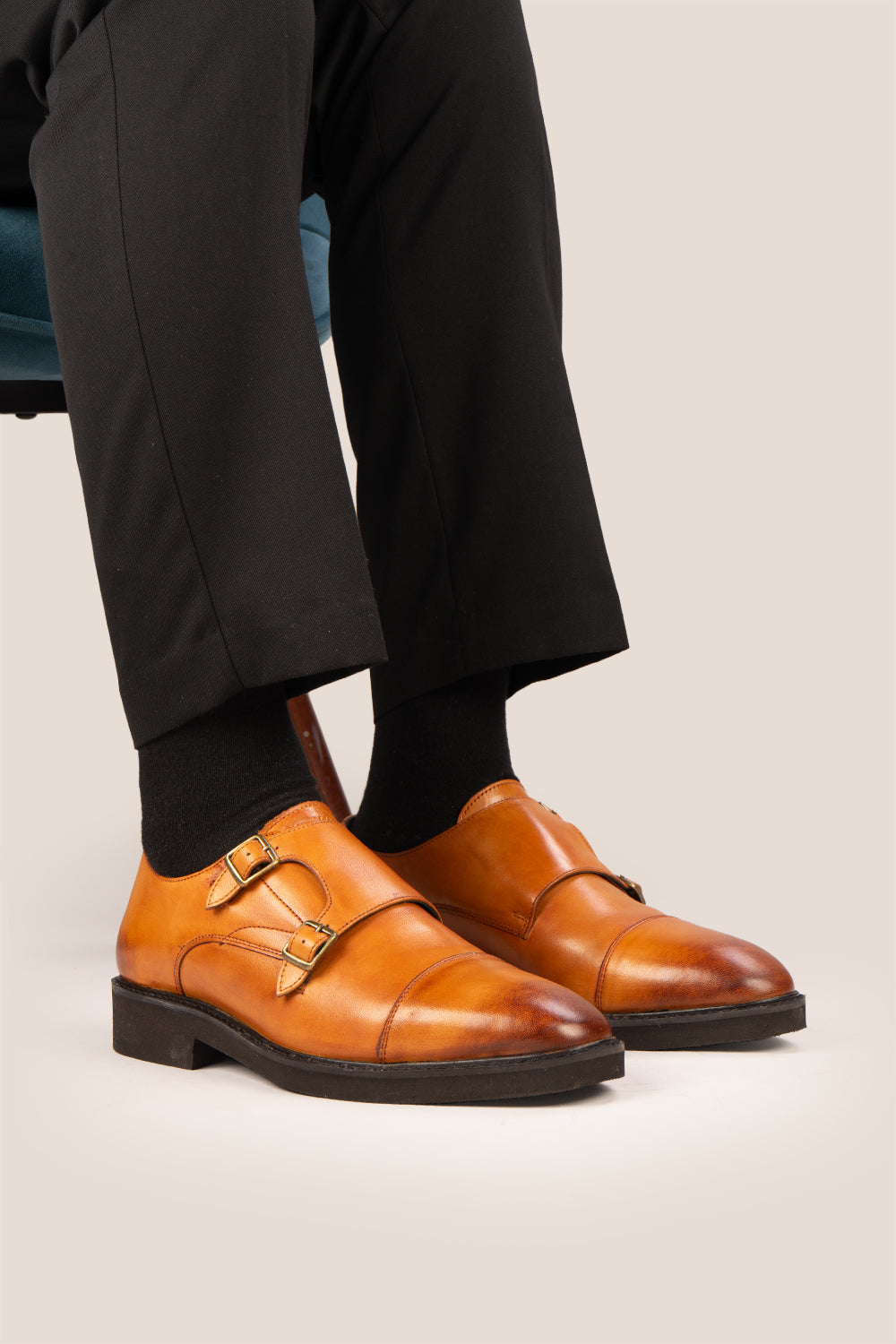 Oswin Hyde Garson Tan Monk Strap shoes crafted from premium leather. Perfect men’s tan shoes for formal occasions