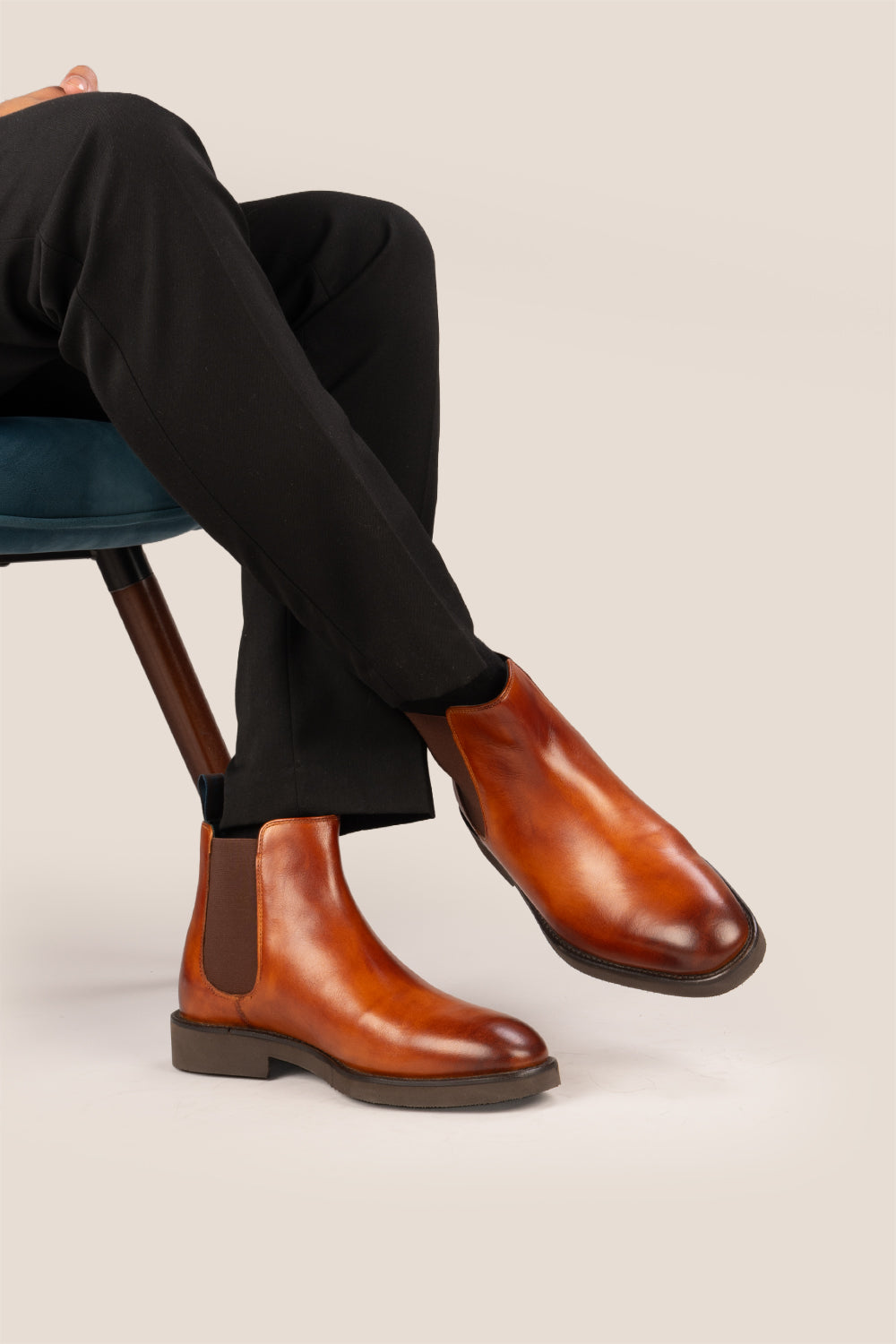 Michael tan leather Chelsea boots for men with elastic sides and pull tab, perfect for smart-casual and formal wear.