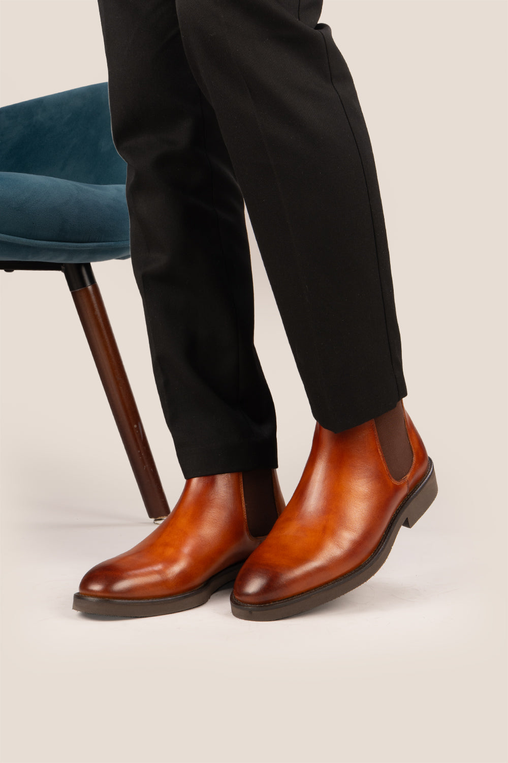 Michael tan leather Chelsea boots for men with elastic sides and pull tab, perfect for smart-casual and formal wear.