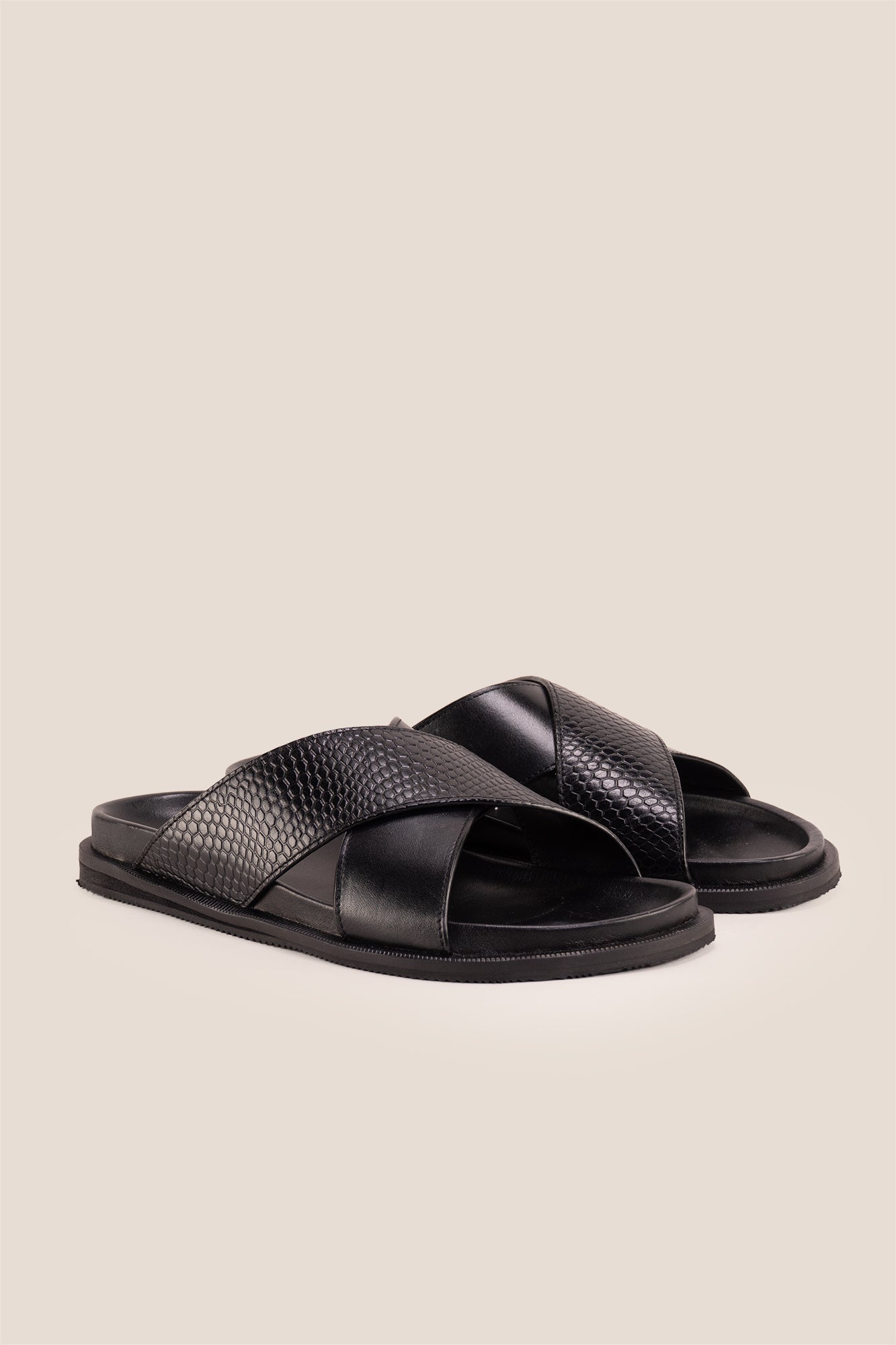 Nyle Black cross strap sandals for men by Oswin Hyde with sleek design and comfortable fit