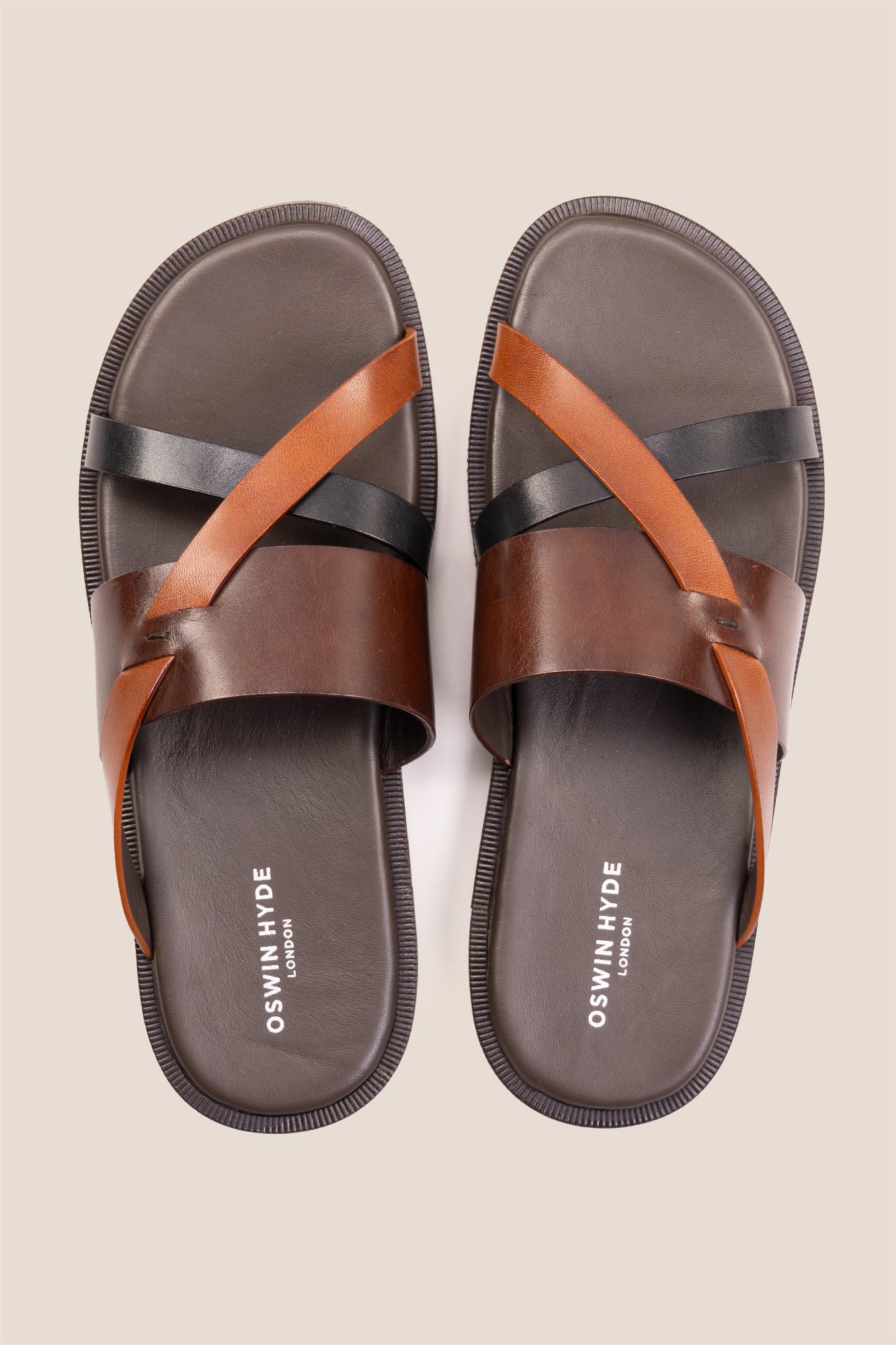 Men’s Frank Brown tan tri-strap sandals featuring a robust adjustable strap system and a refined leather finish.