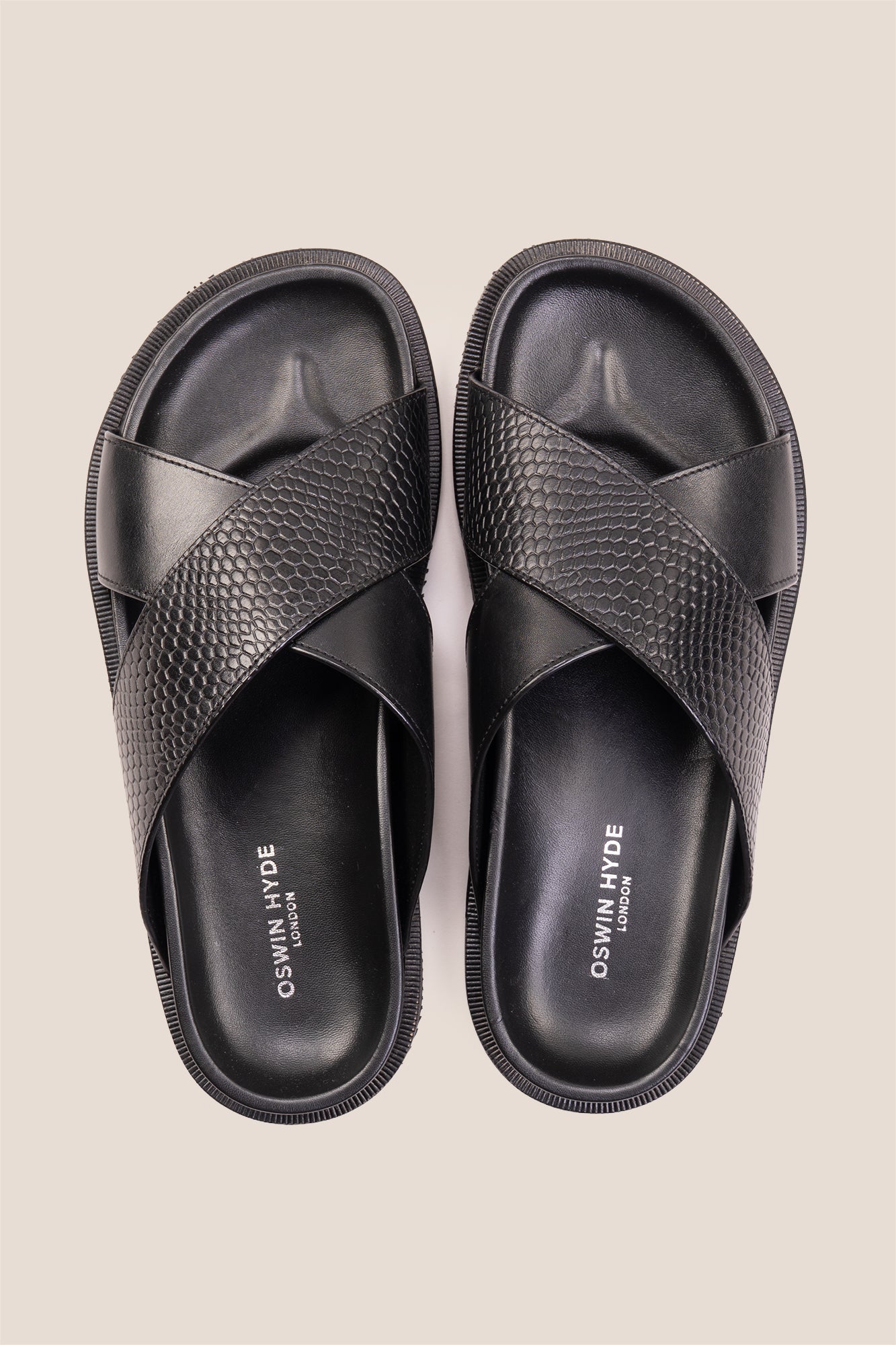 Nyle Black cross strap sandals for men by Oswin Hyde with sleek design and comfortable fit
