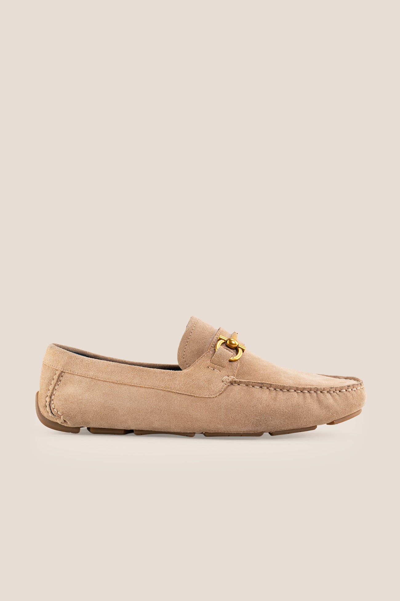 Oswin Hyde Nigel beige suede moccasin loafer with a small gold horsebit detail on the vamp