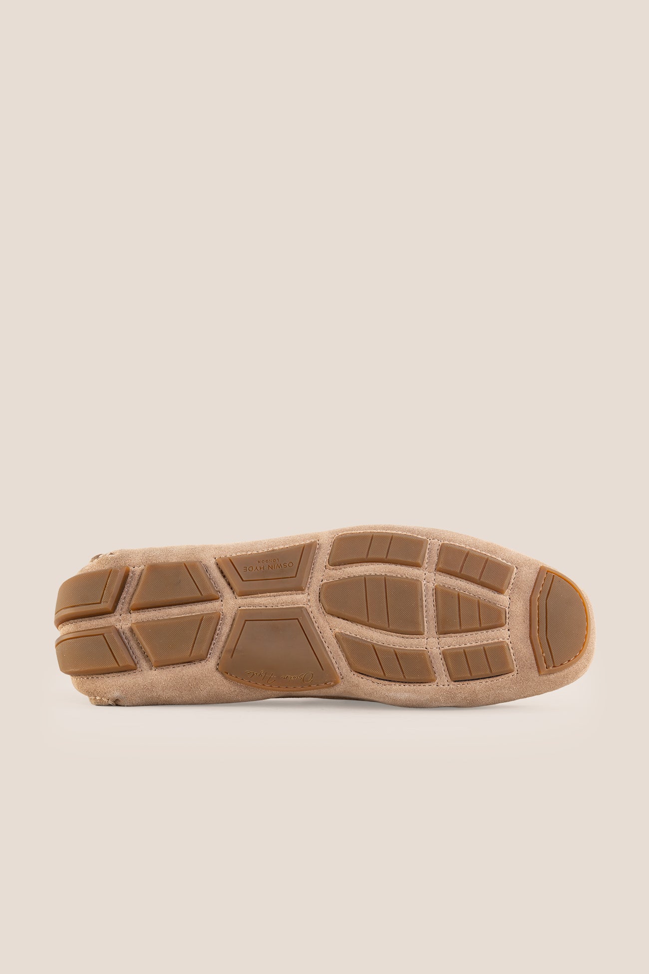 Oswin Hyde Nigel beige suede moccasin loafer with a small gold horsebit detail on the vamp