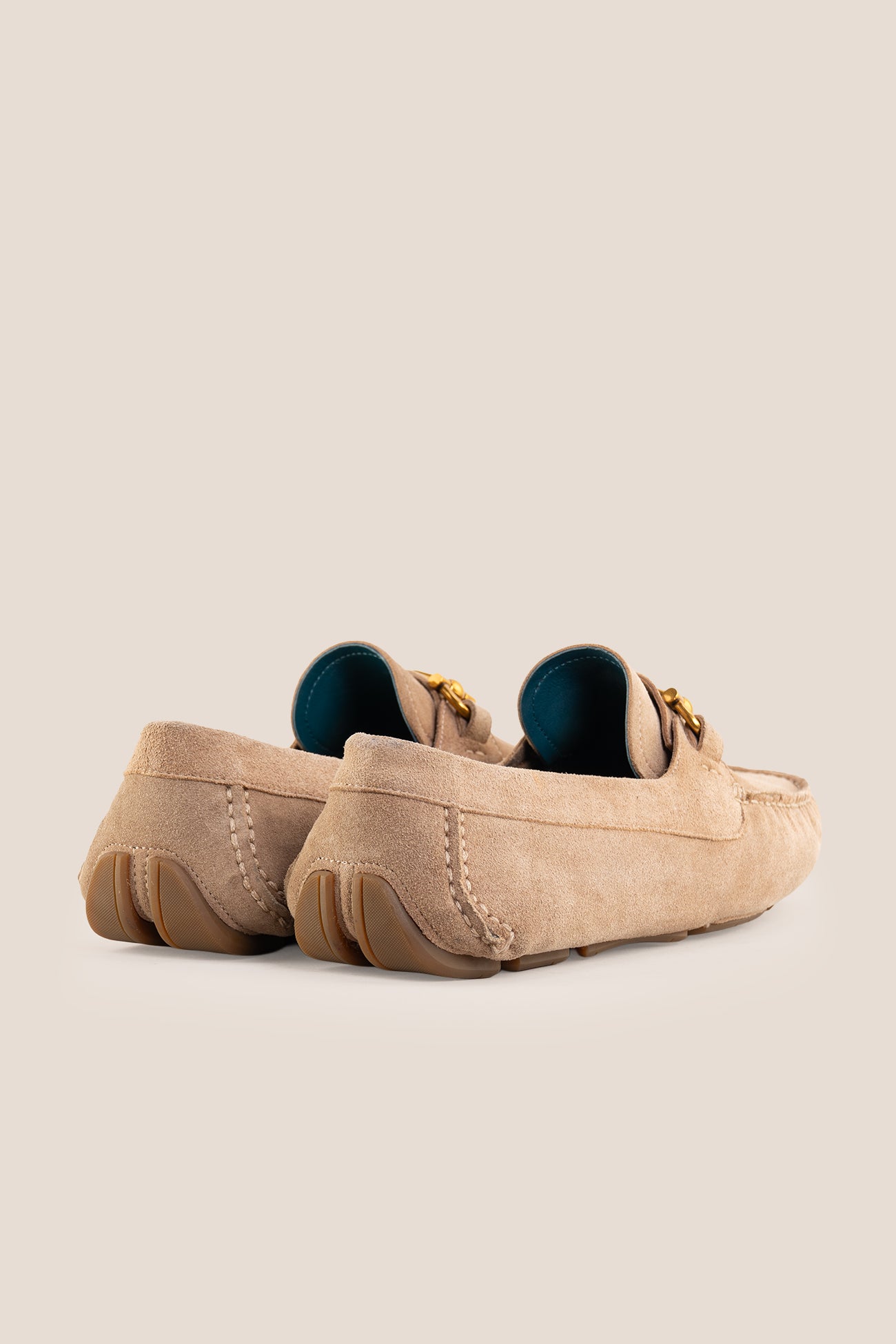 Oswin Hyde Nigel beige suede moccasin loafer with a small gold horsebit detail on the vamp
