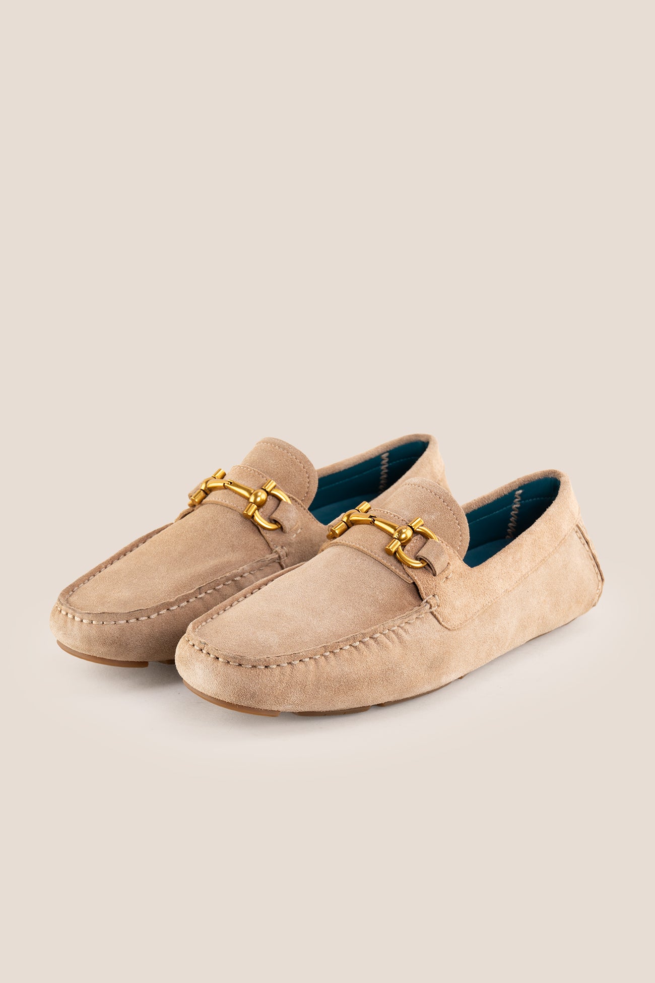 Oswin Hyde Nigel beige suede moccasin loafer with a small gold horsebit detail on the vamp