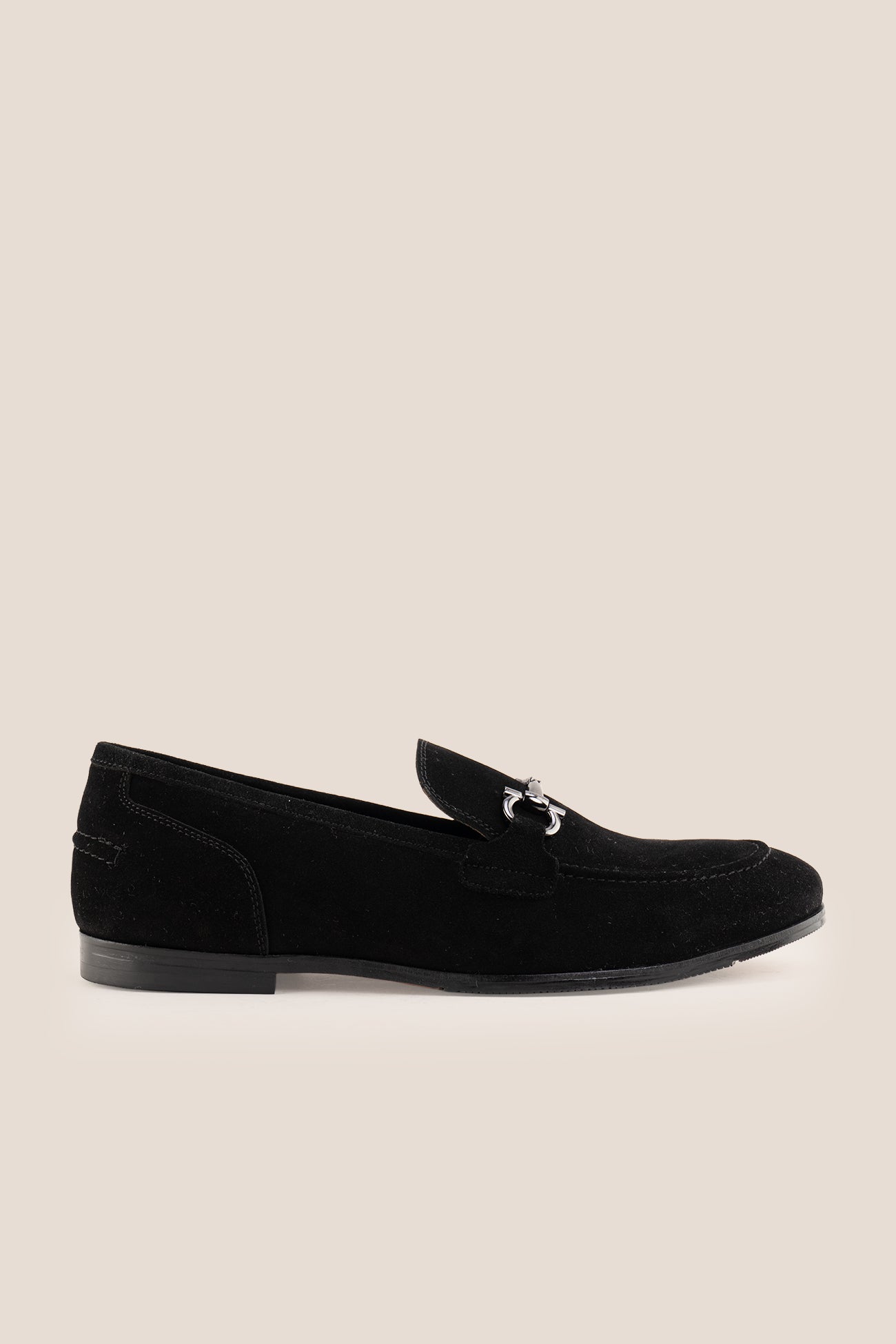 Oswin Hyde Nigel black suede loafer with small silver horsebit detail on the vamp 