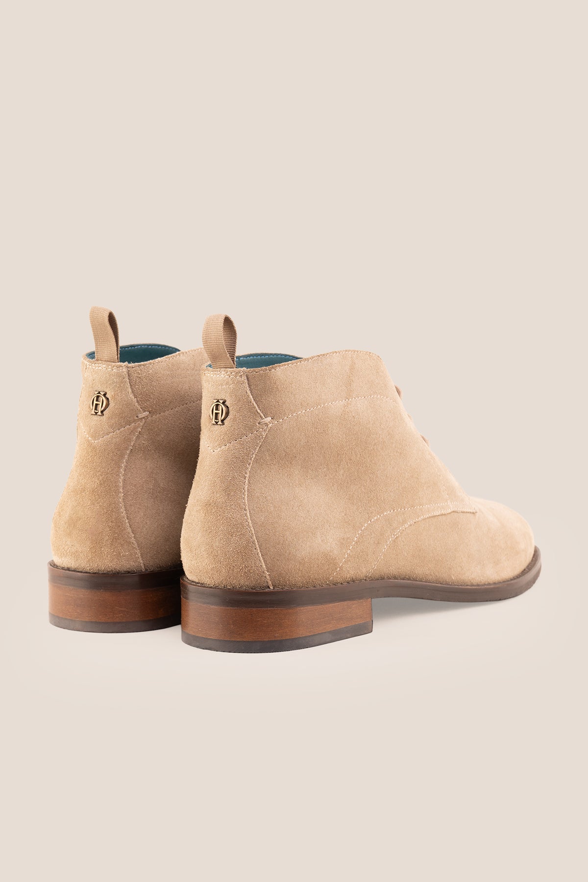 Men's Franklin Taupe Suede lace-up ankle boots by Oswin Hyde featuring a soft taupe finish and sturdy heel.