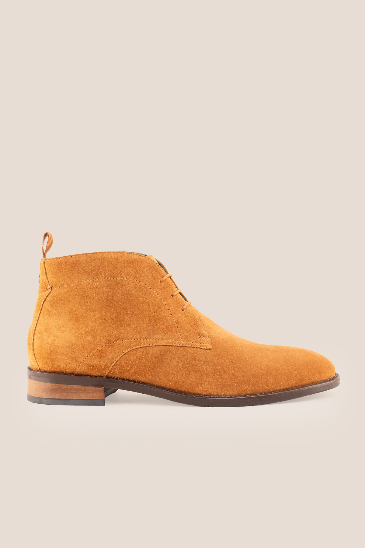 Men's Franklin Tan Suede lace-up ankle boots by Oswin Hyde featuring a soft sand suede finish and sturdy heel.