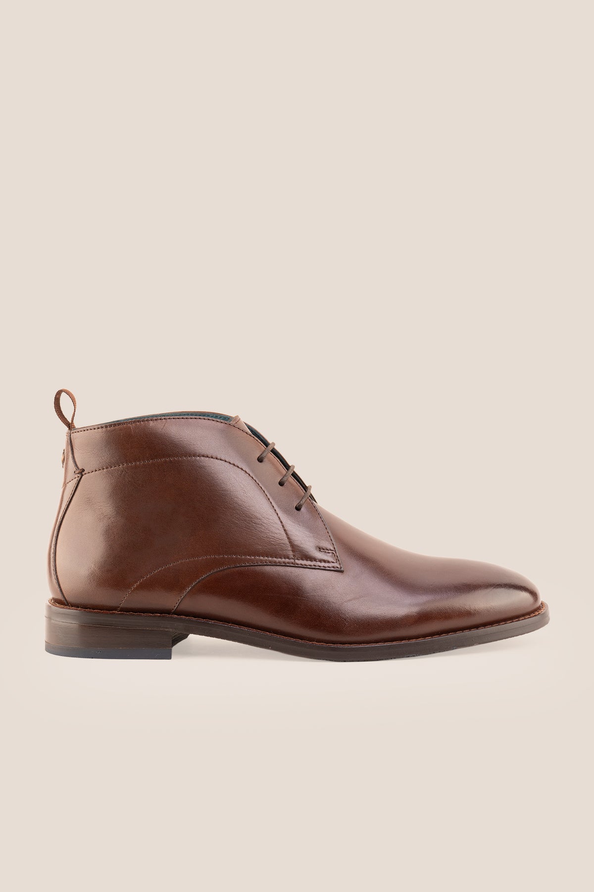 Men's Franklin Brown leather lace-up ankle boots by Oswin Hyde featuring a polished chestnut leather finish and sturdy heel.