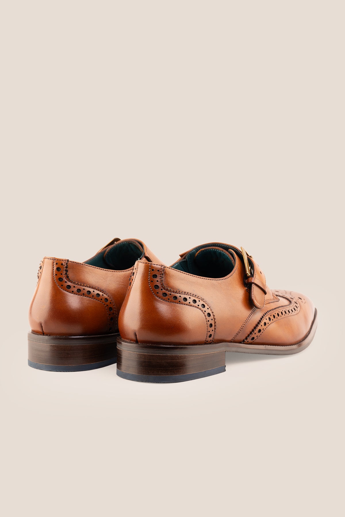 Men's Godric Tan leather monk strap brogue dress shoes by Oswin Hyde featuring burnished tan leather and a buckle strap.