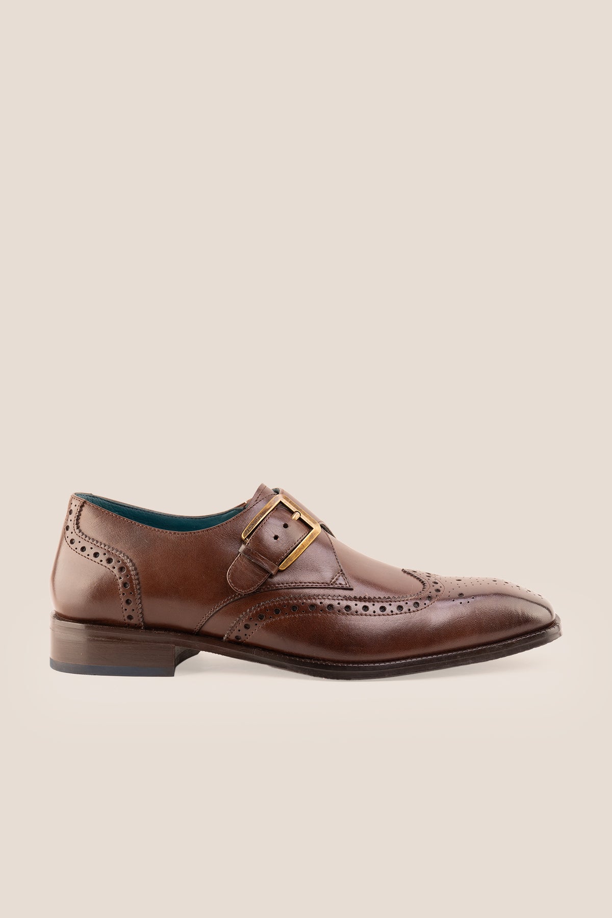 Men's Godric Brown leather monk strap brogue dress shoes by Oswin Hyde featuring rich brown leather and a single buckle strap