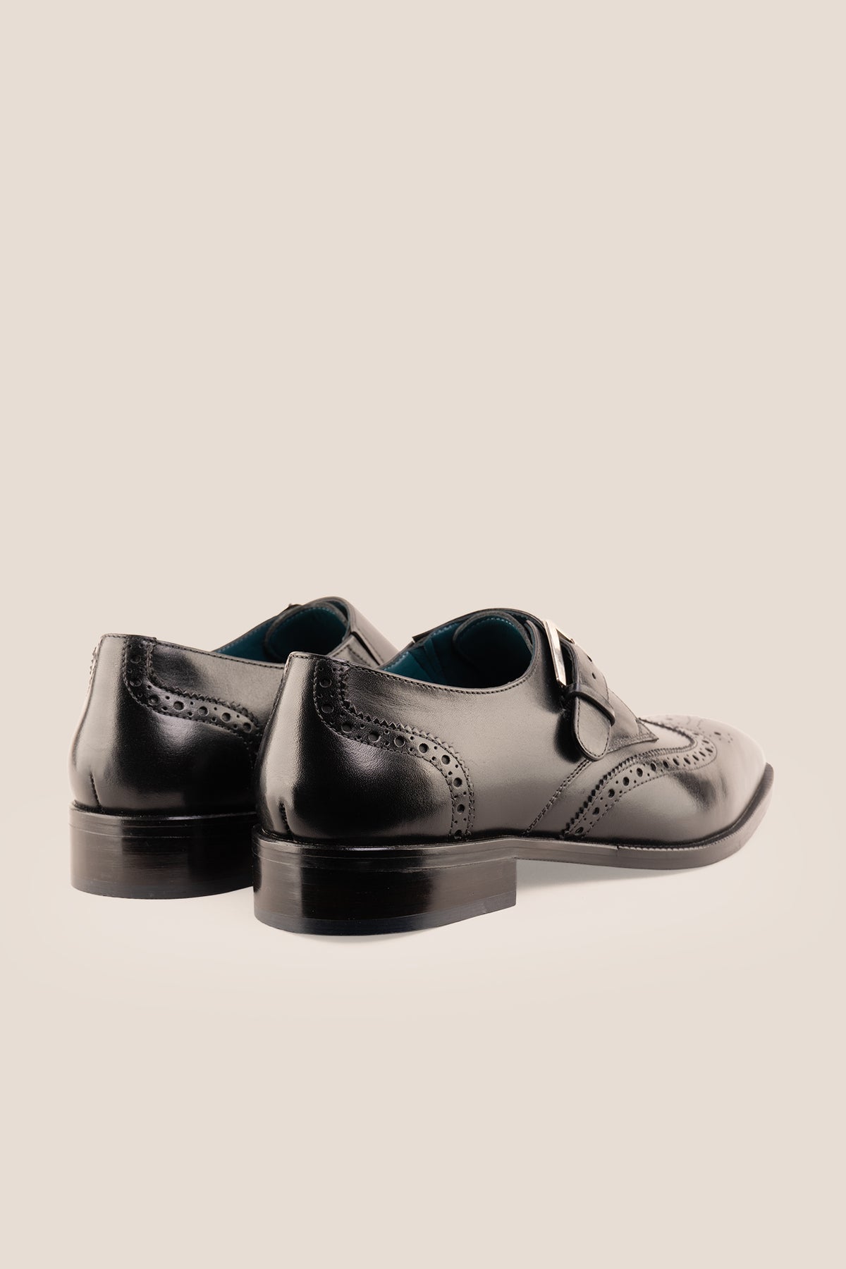 Men's Godric Black leather monk strap brogue dress shoes by Oswin Hyde featuring polished black leather and a single buckle strap.