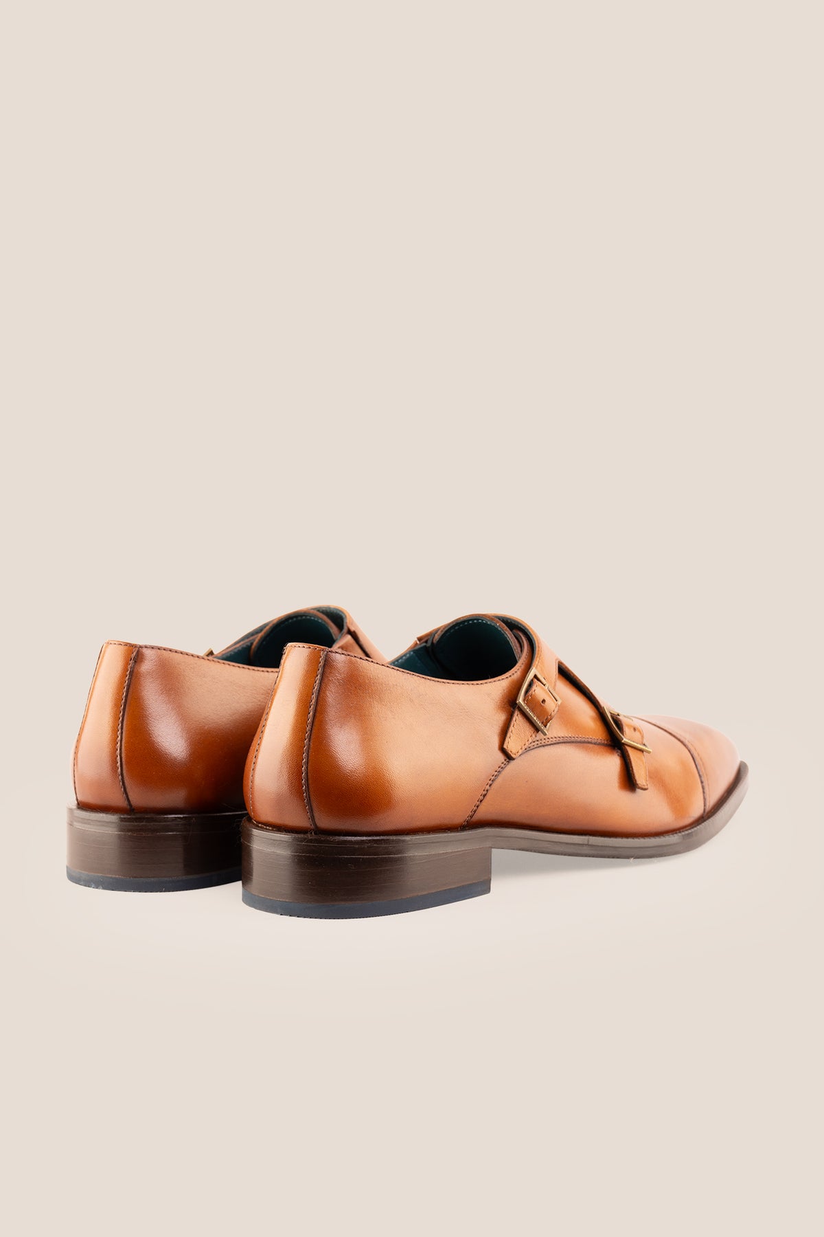 Men's Rolf Tan leather double monk strap dress shoes by Oswin Hyde featuring burnished tan leather and dual buckle straps.