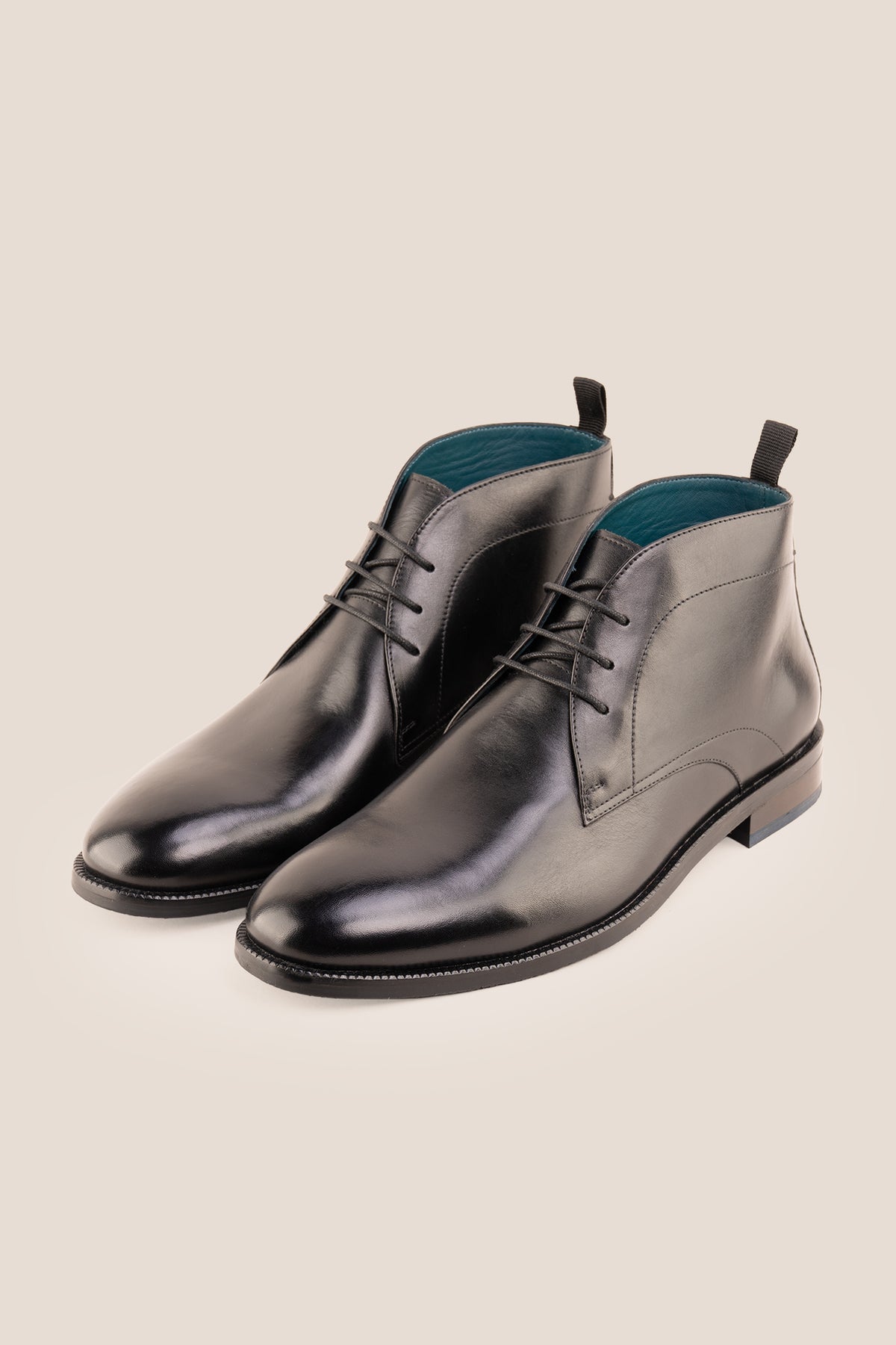 Men's Franklin Black leather lace-up ankle boots by Oswin Hyde featuring a polished black finish and sturdy heel.