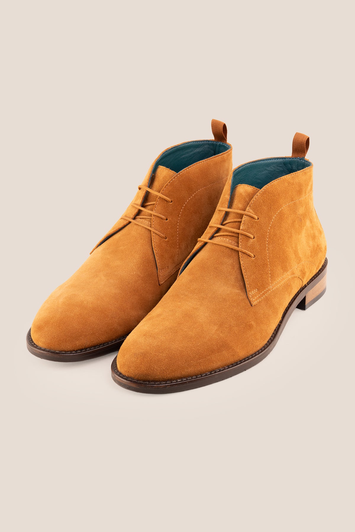 Men's Franklin Tan Suede lace-up ankle boots by Oswin Hyde featuring a soft sand suede finish and sturdy heel.