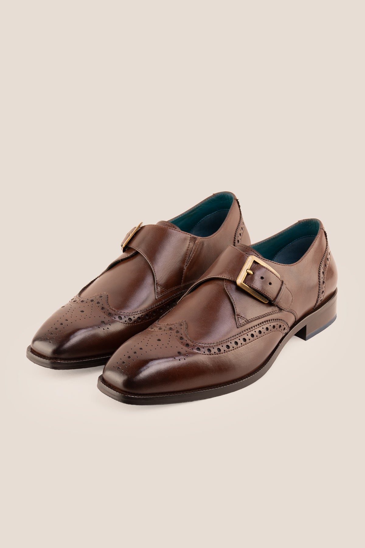 Men's Godric Brown leather monk strap brogue dress shoes by Oswin Hyde featuring rich brown leather and a single buckle strap.