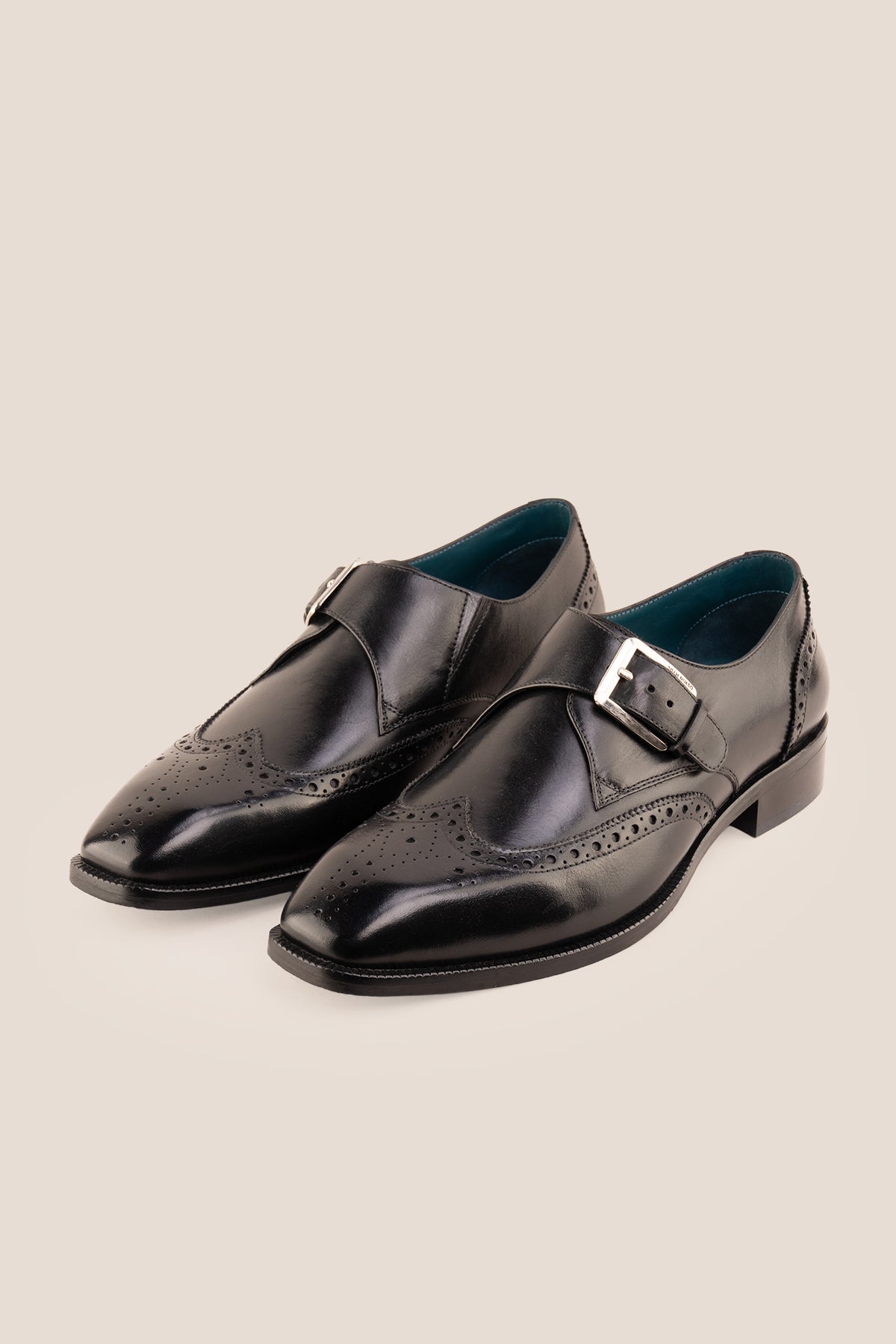 Men's Godric Black leather monk strap brogue dress shoes by Oswin Hyde featuring polished black leather and a single buckle strap.