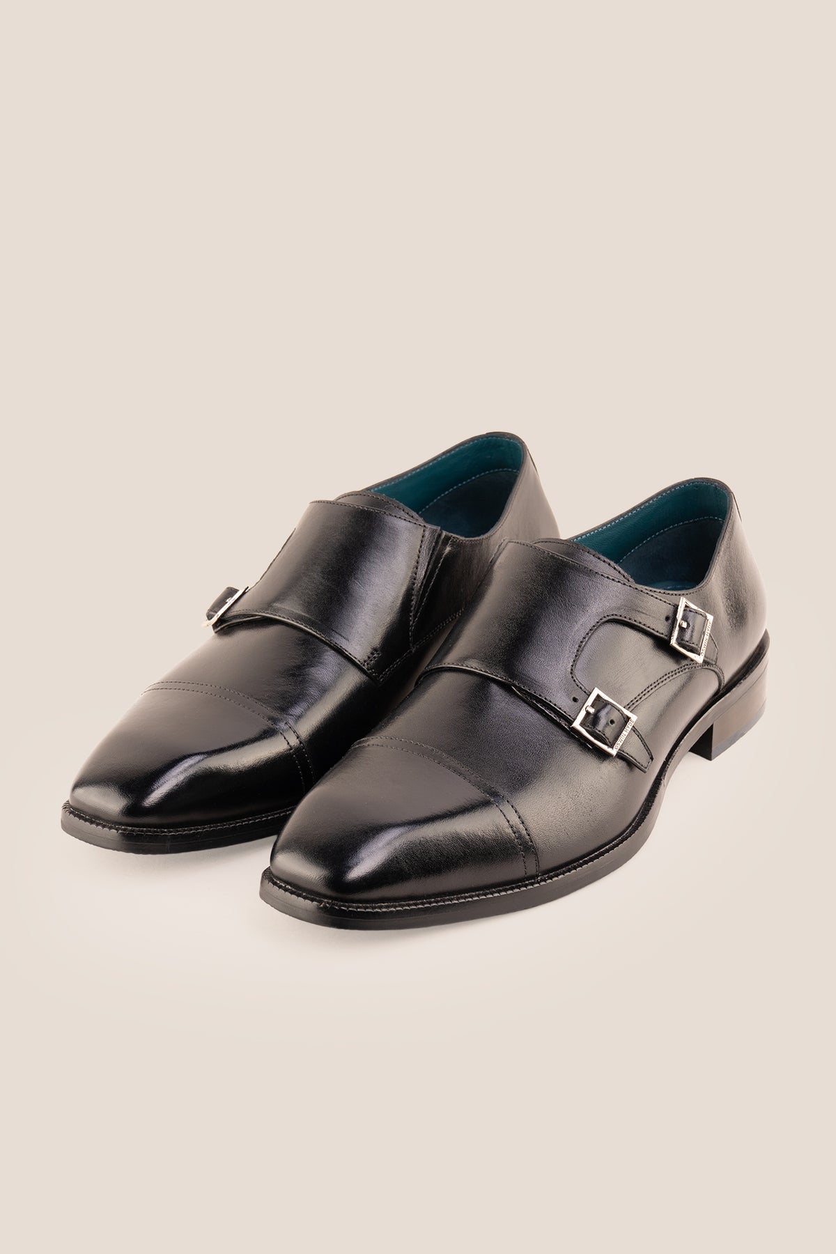 Men's Rolf Black leather double monk strap dress shoes by Oswin Hyde featuring polished black leather and dual buckle straps.