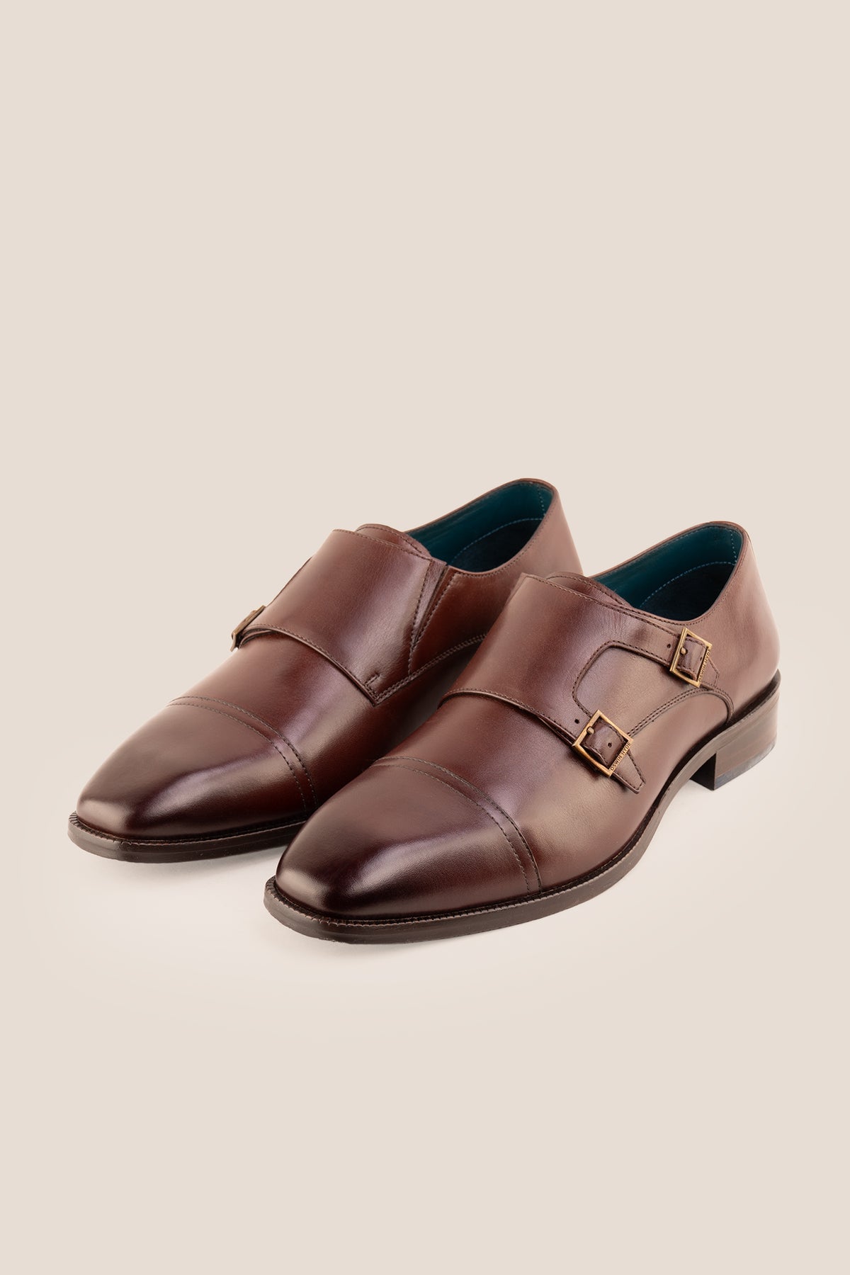 Men's Rolf Brown leather double monk strap dress shoes by Oswin Hyde featuring rich dark brown leather and dual buckle straps