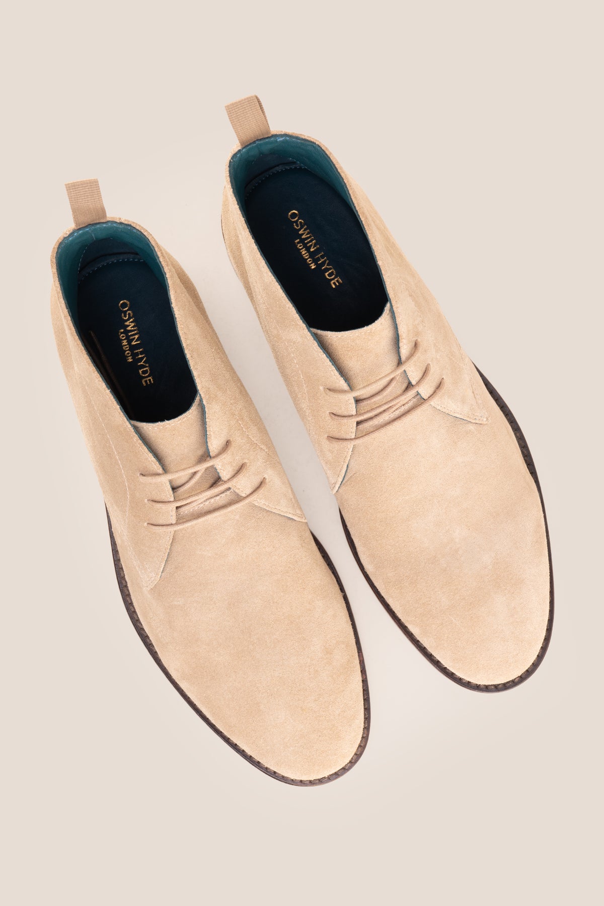 Men's Franklin Taupe Suede lace-up ankle boots by Oswin Hyde featuring a soft taupe finish and sturdy heel.