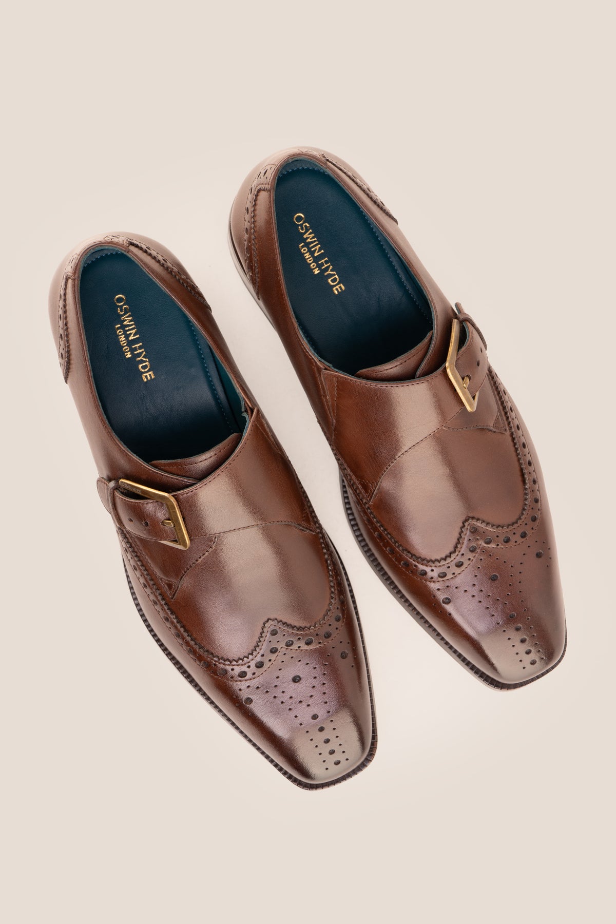 Men's Godric Brown leather monk strap brogue dress shoes by Oswin Hyde featuring rich brown leather and a single buckle strap.