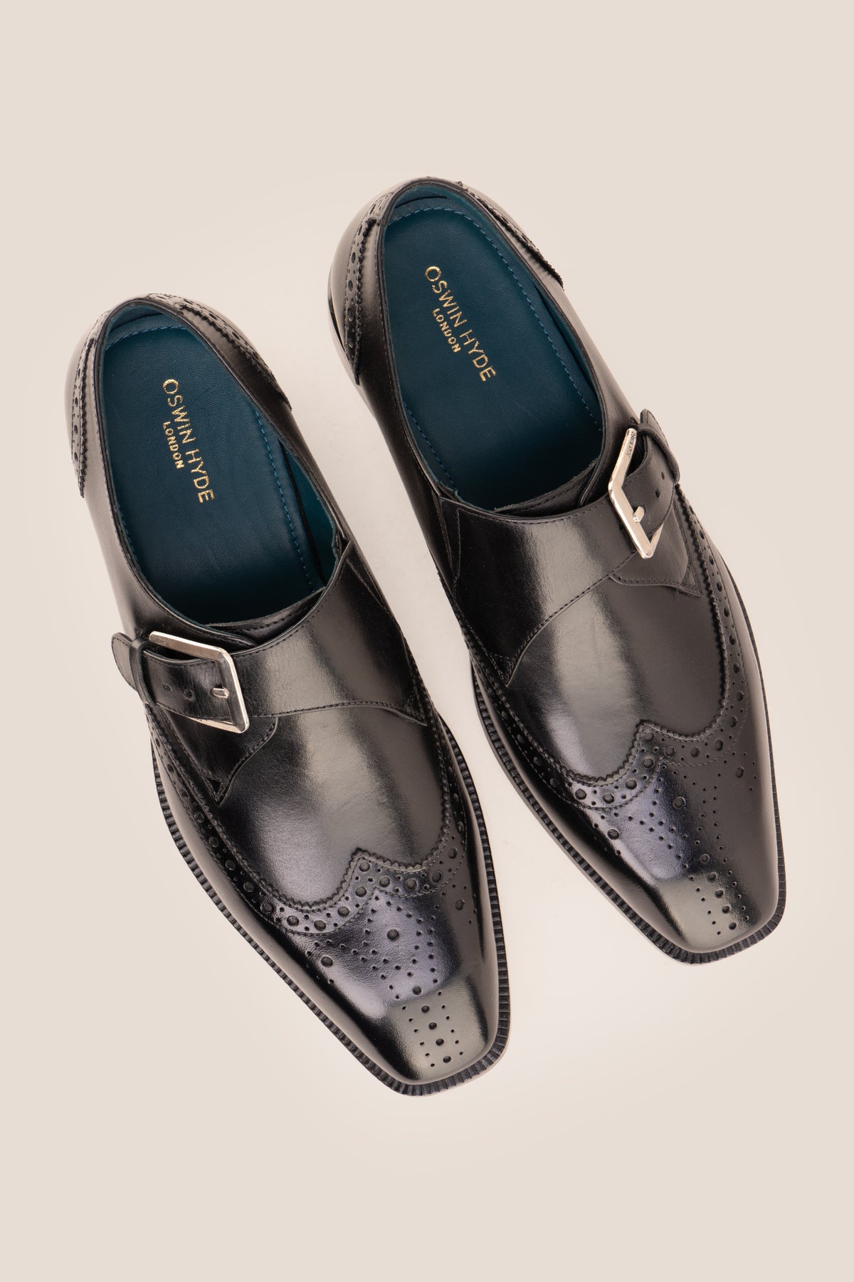 Men's Godric Black leather monk strap brogue dress shoes by Oswin Hyde featuring polished black leather and a single buckle strap.