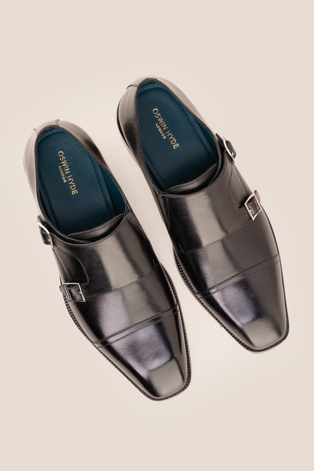 Men's Rolf Black leather double monk strap dress shoes by Oswin Hyde featuring polished black leather and dual buckle straps.