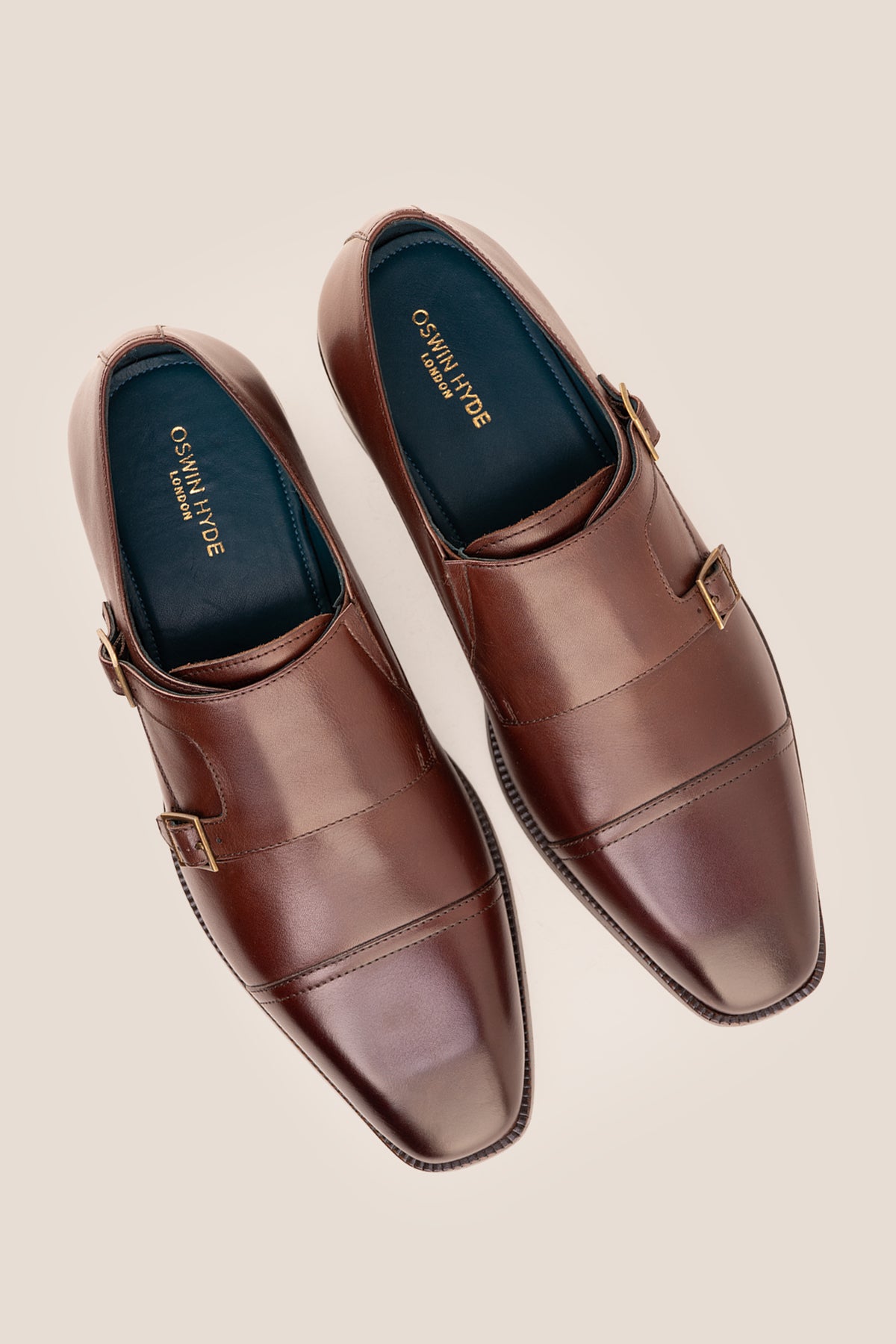 Men's Rolf Brown leather double monk strap dress shoes by Oswin Hyde featuring rich dark brown leather and dual buckle straps