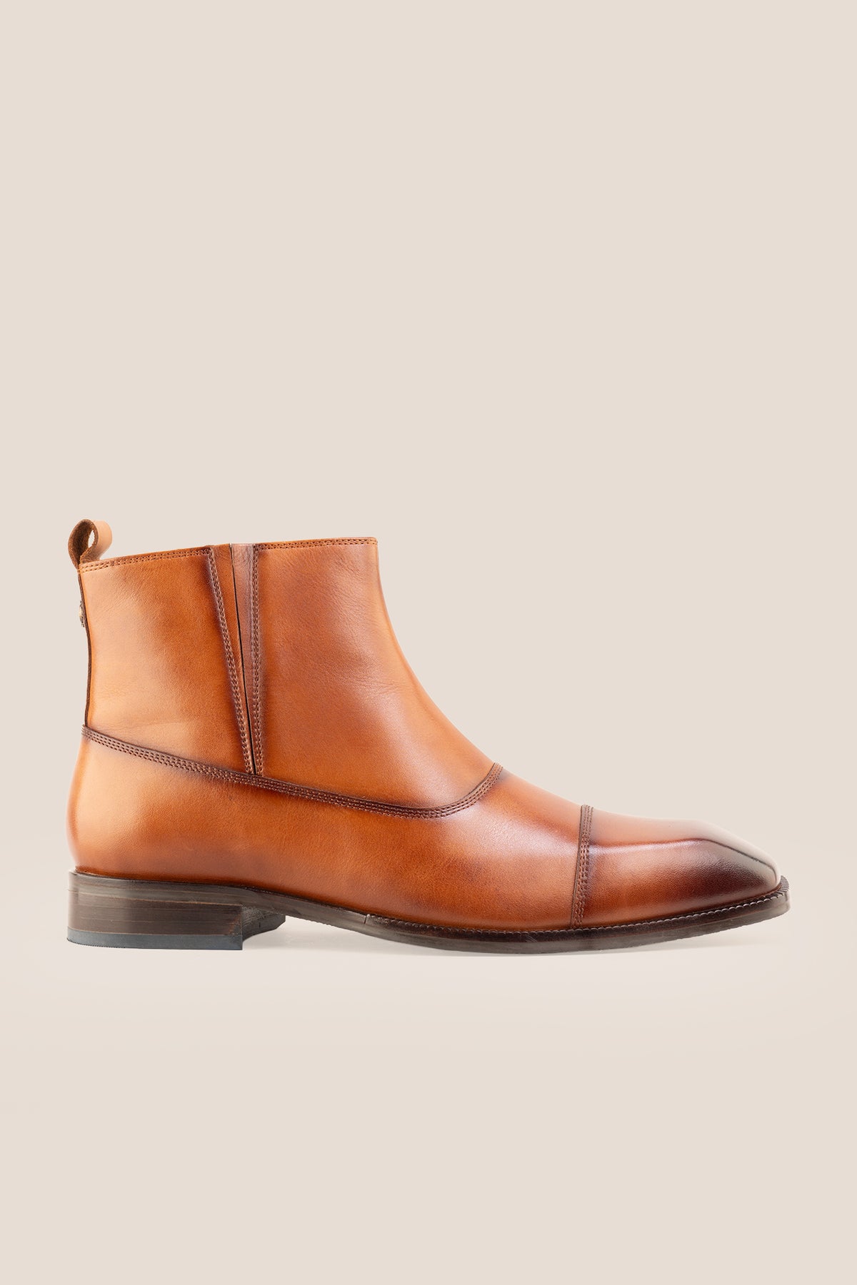 Men's Baldwin Tan leather side-zip ankle boots by Oswin Hyde featuring burnished tan leather and a convenient side zipper
