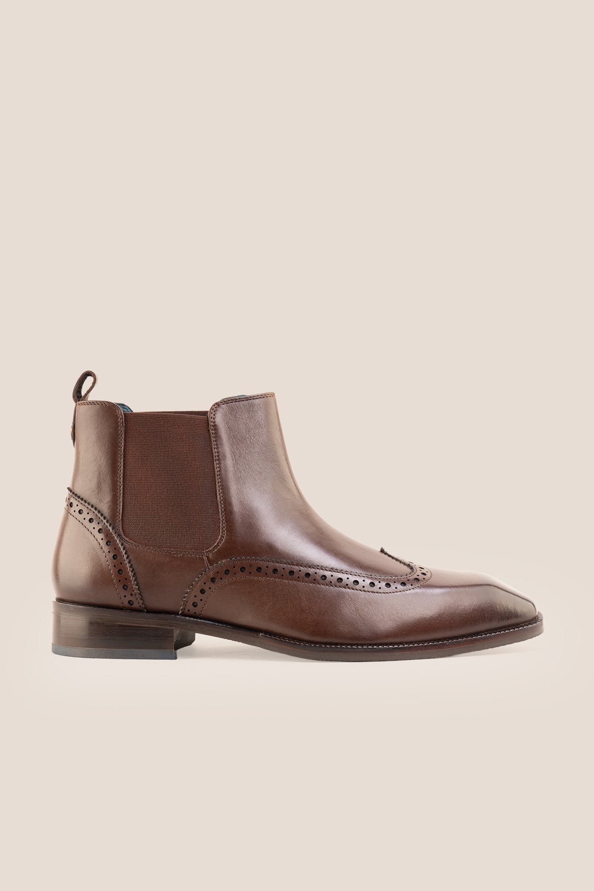 Men's Edgar Brown leather brogue Chelsea boots by Oswin Hyde featuring wingtip detailing and elastic side gussets.