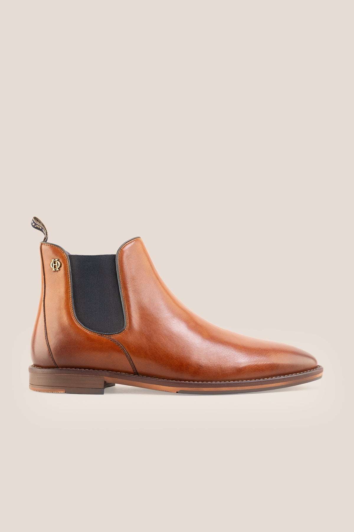 Francisco Tan men's Chelsea boot in tan crust leather with navy elastic gussets