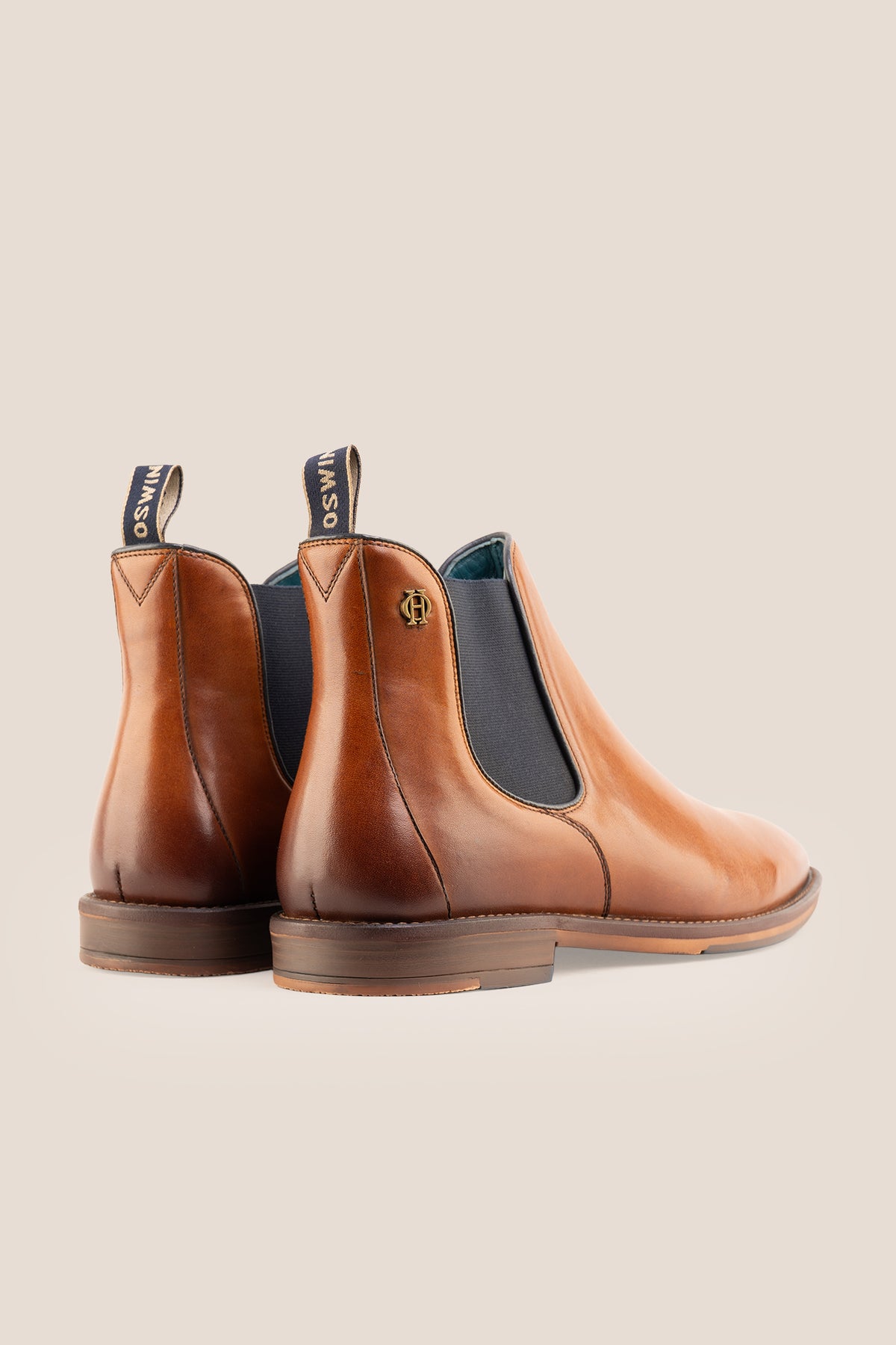 Francisco Tan plain-toe Chelsea boot in tan leather with navy side elastic