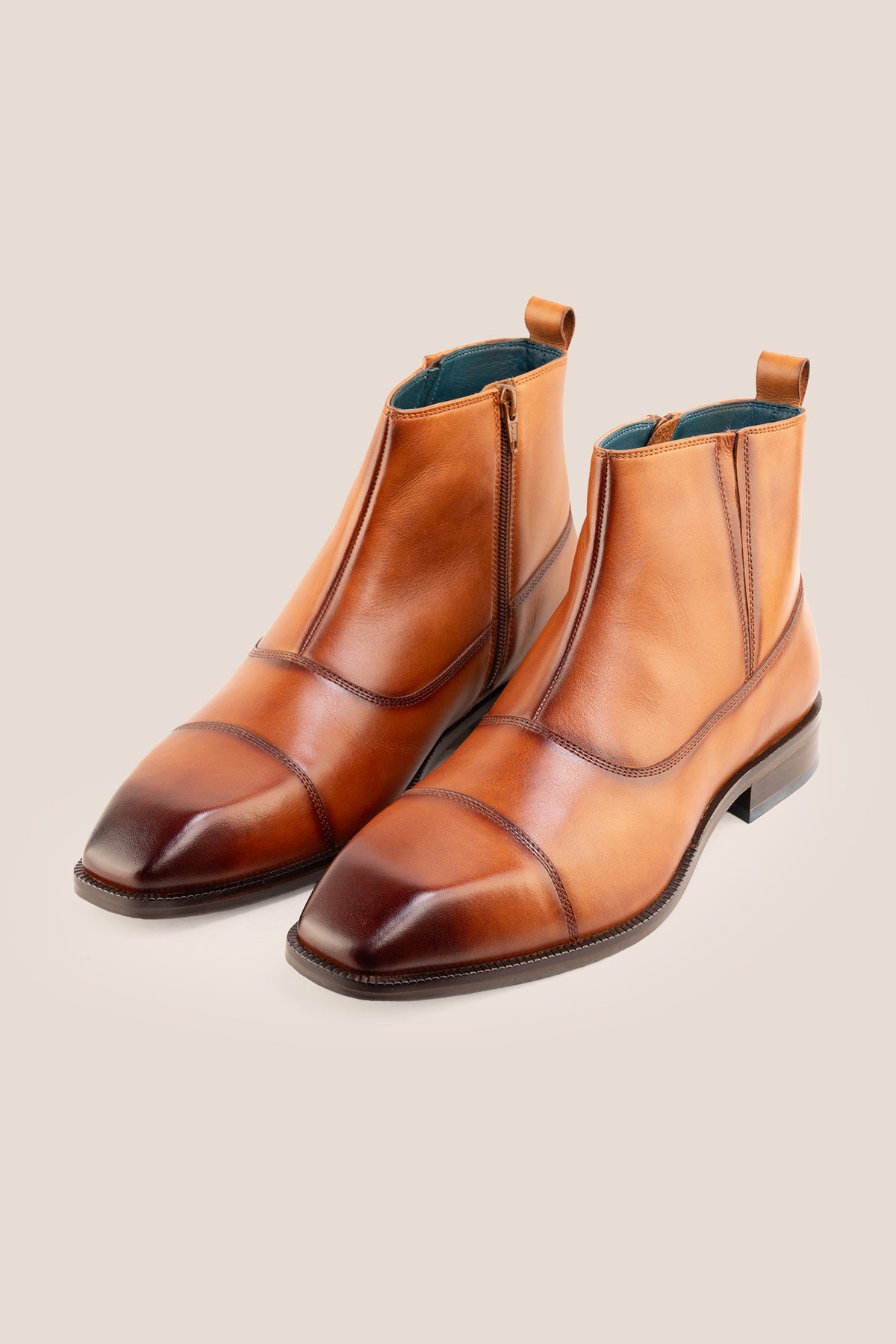 Men's Baldwin Tan leather side-zip ankle boots by Oswin Hyde featuring burnished tan leather and a convenient side zipper