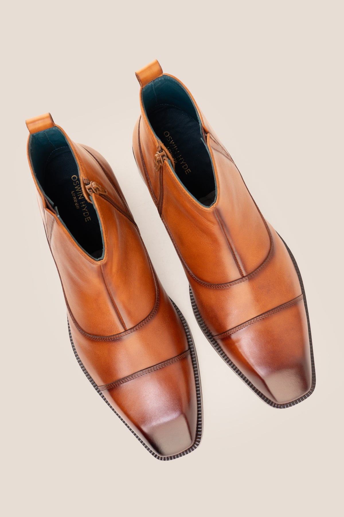 Men's Baldwin Tan leather side-zip ankle boots by Oswin Hyde featuring burnished tan leather and a convenient side zipper