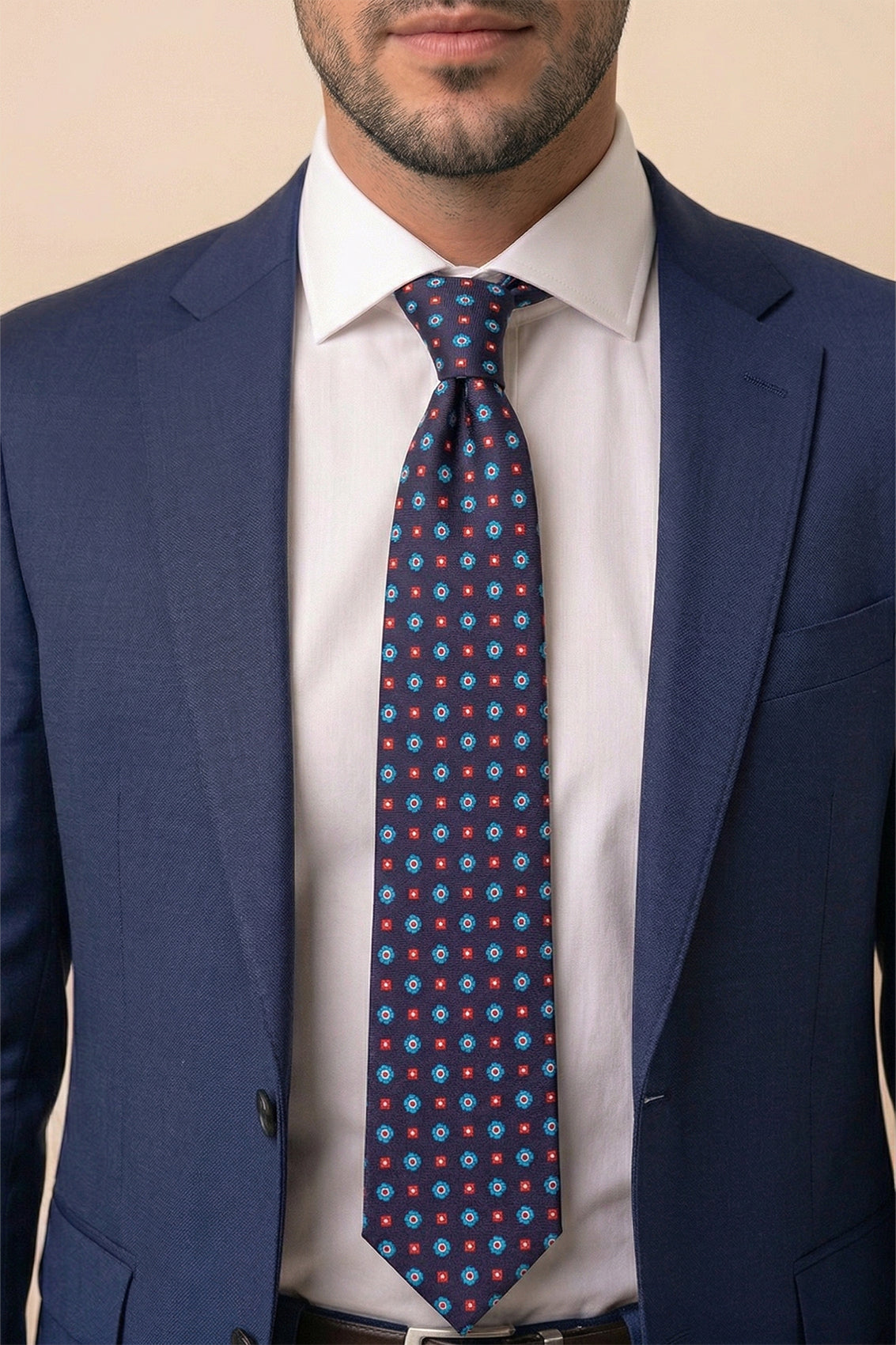 Dark Navy Geometric Pattern Silk Tie with sophisticated design, perfect for weddings and smart occasions.