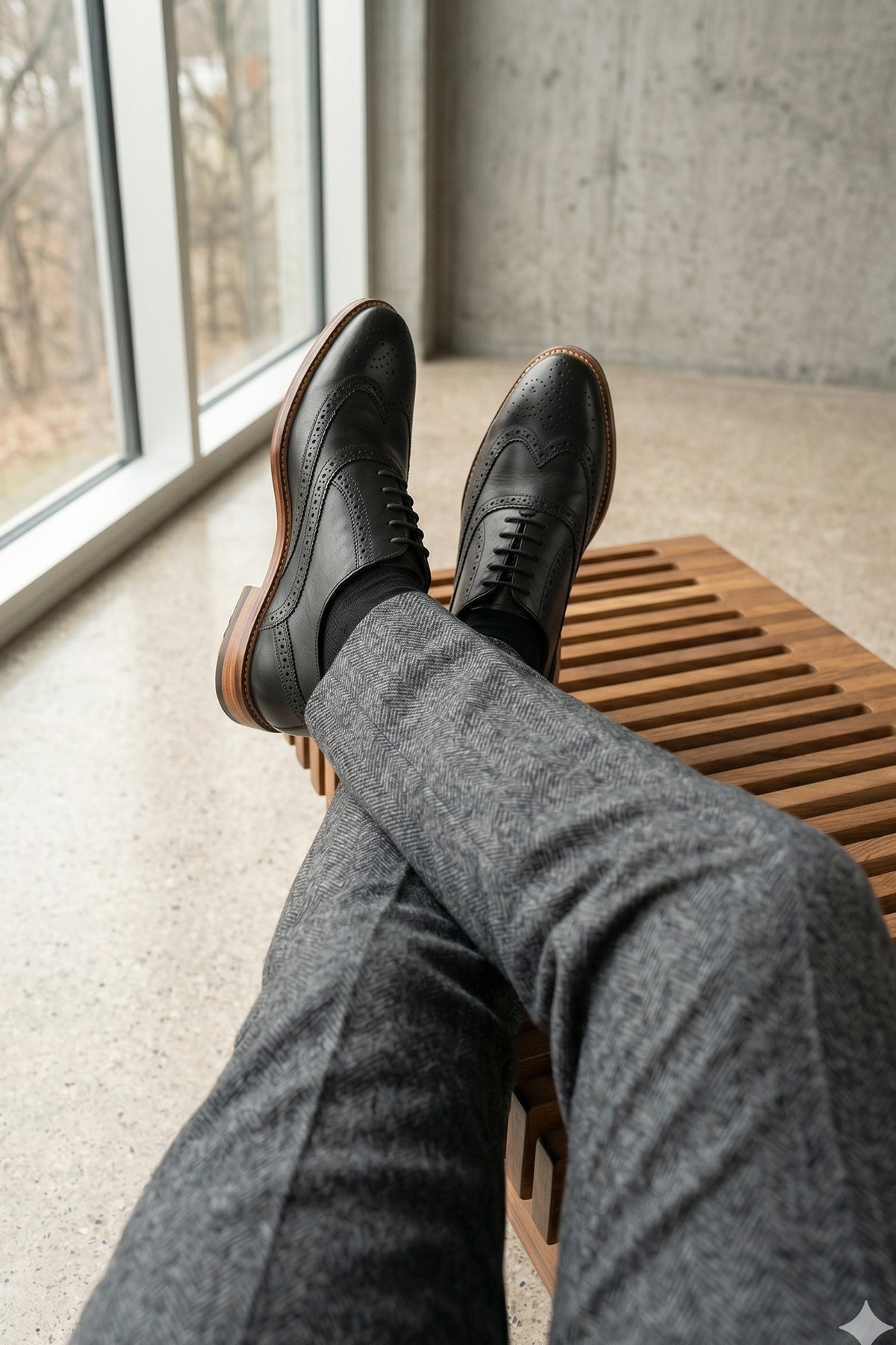Man wearing Winston Black Wide Fit brogue. Premium leather, classic brogue detailing, and extra room for all-day wear.