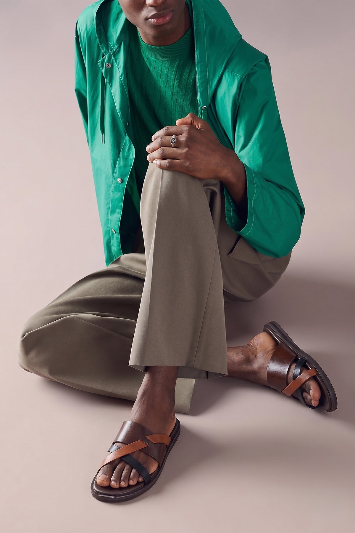 Men’s Frank Brown tan tri-strap sandals featuring a robust adjustable strap system and a refined leather finish.