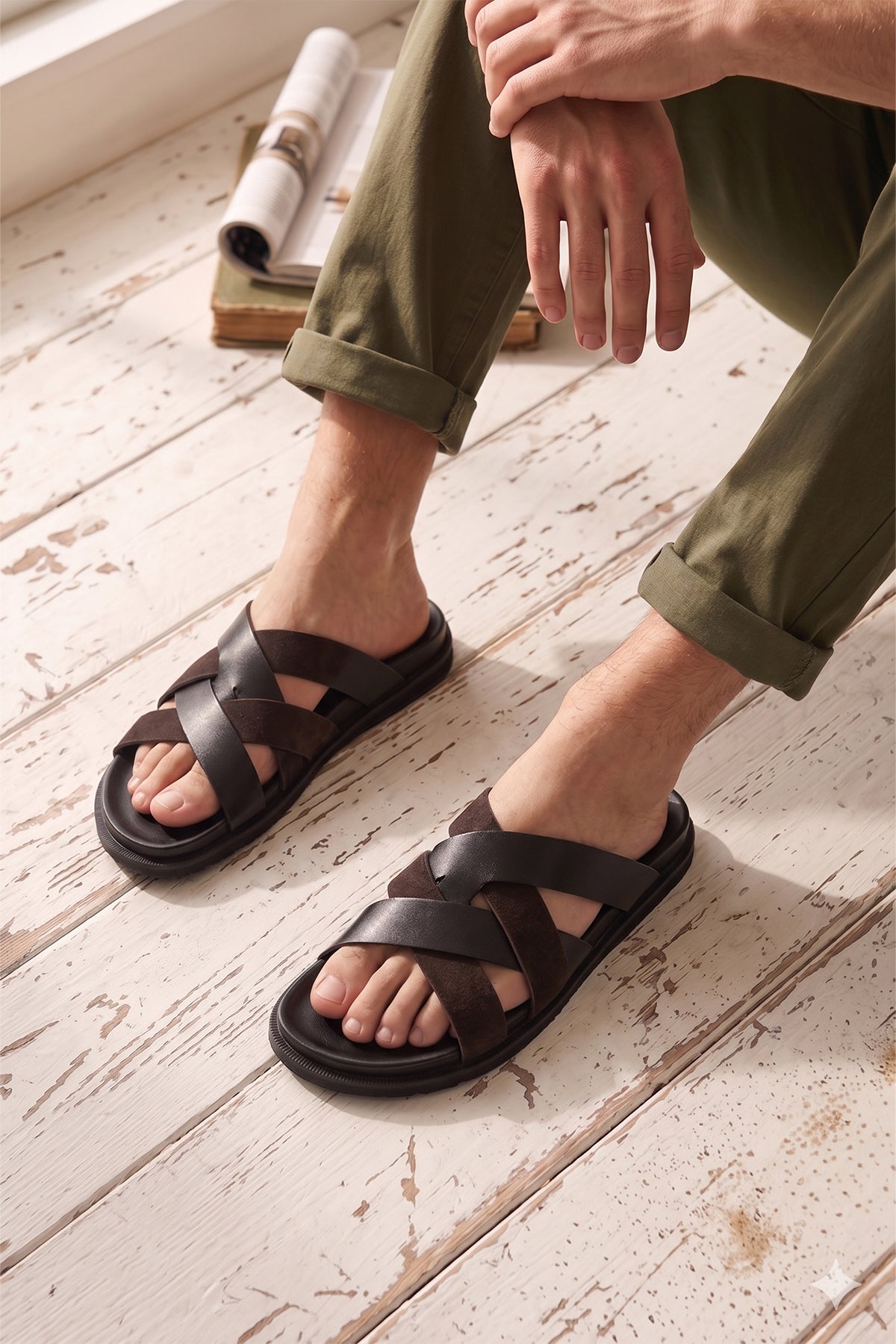 Men’s Rowan Brown slide sandals featuring a textured brown suede X-strap design and a cushioned sole.