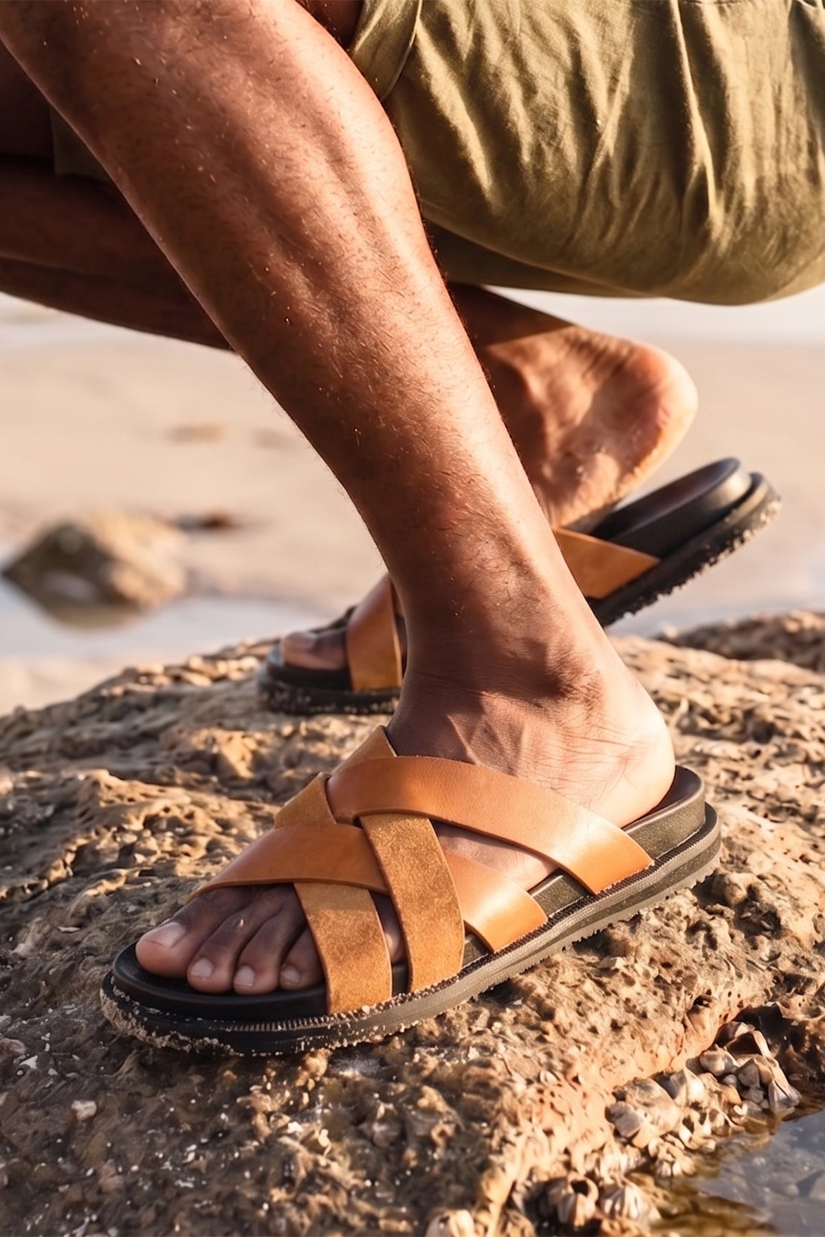 Men’s Rowan Tan slide sandals featuring a soft suede leather X-strap design and an earthy tan finish.