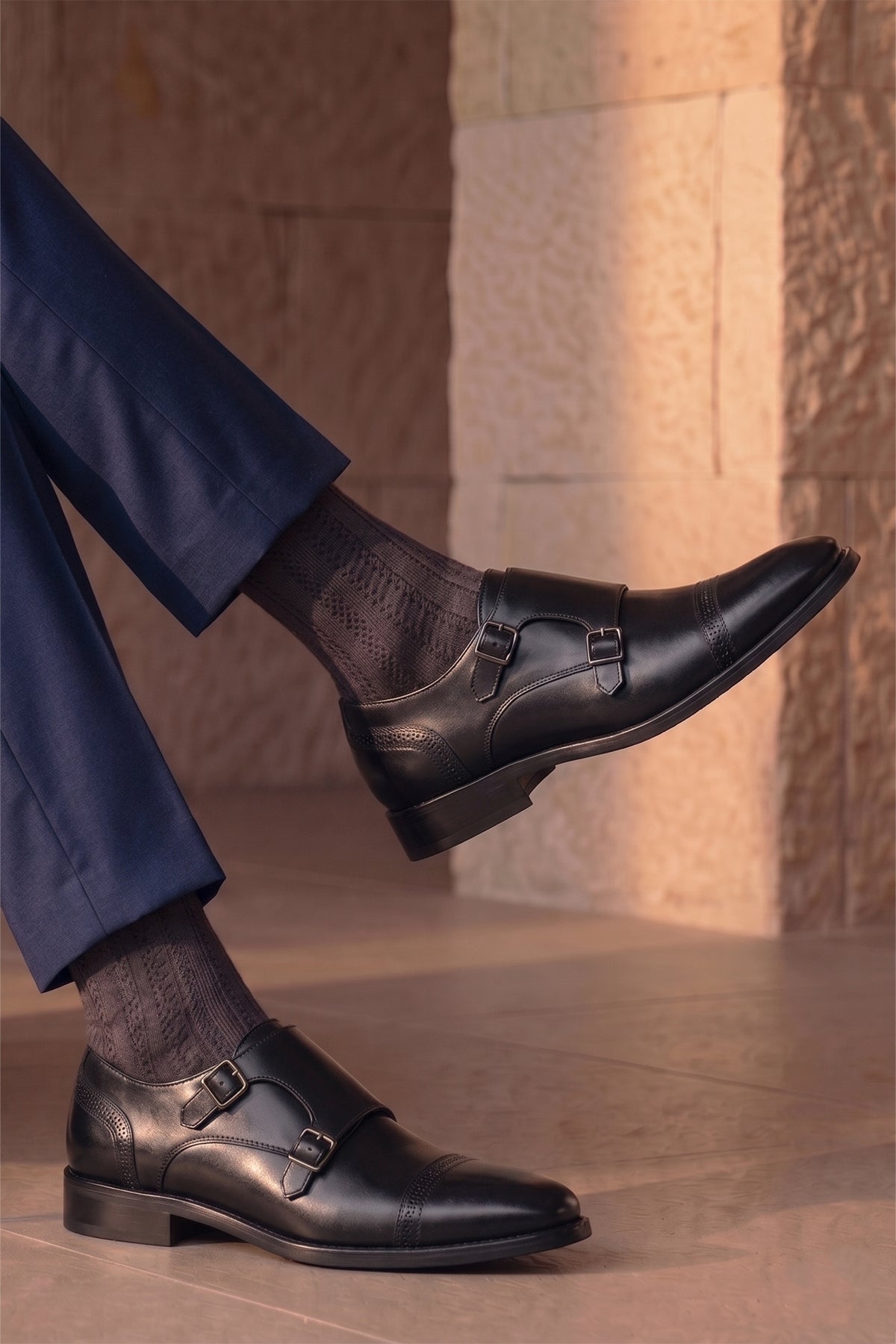 Ernest Black monk strap leather shoes for men with toe cap design—smart, polished, and ideal for formal occasions.