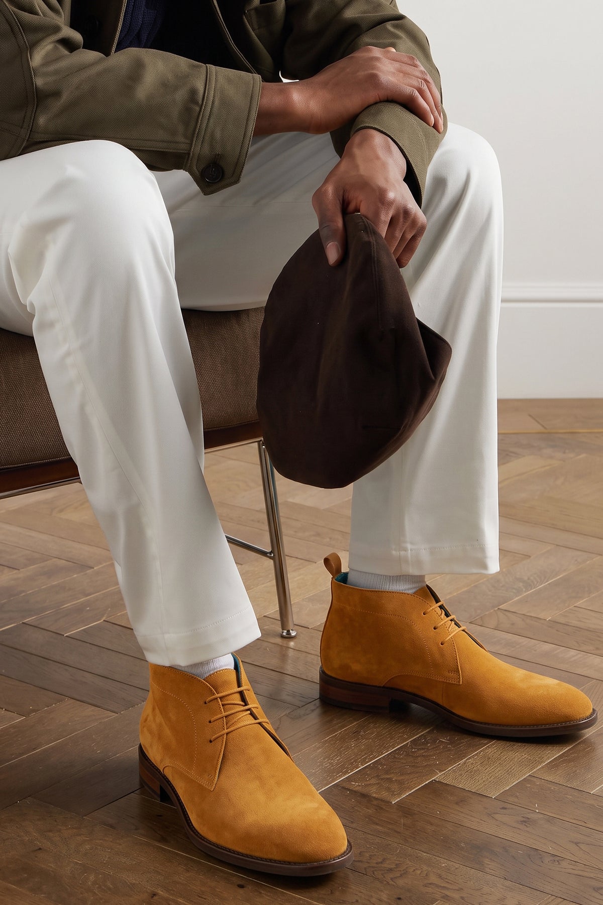 Men's Franklin Tan Suede lace-up ankle boots by Oswin Hyde featuring a soft sand suede finish and sturdy heel.