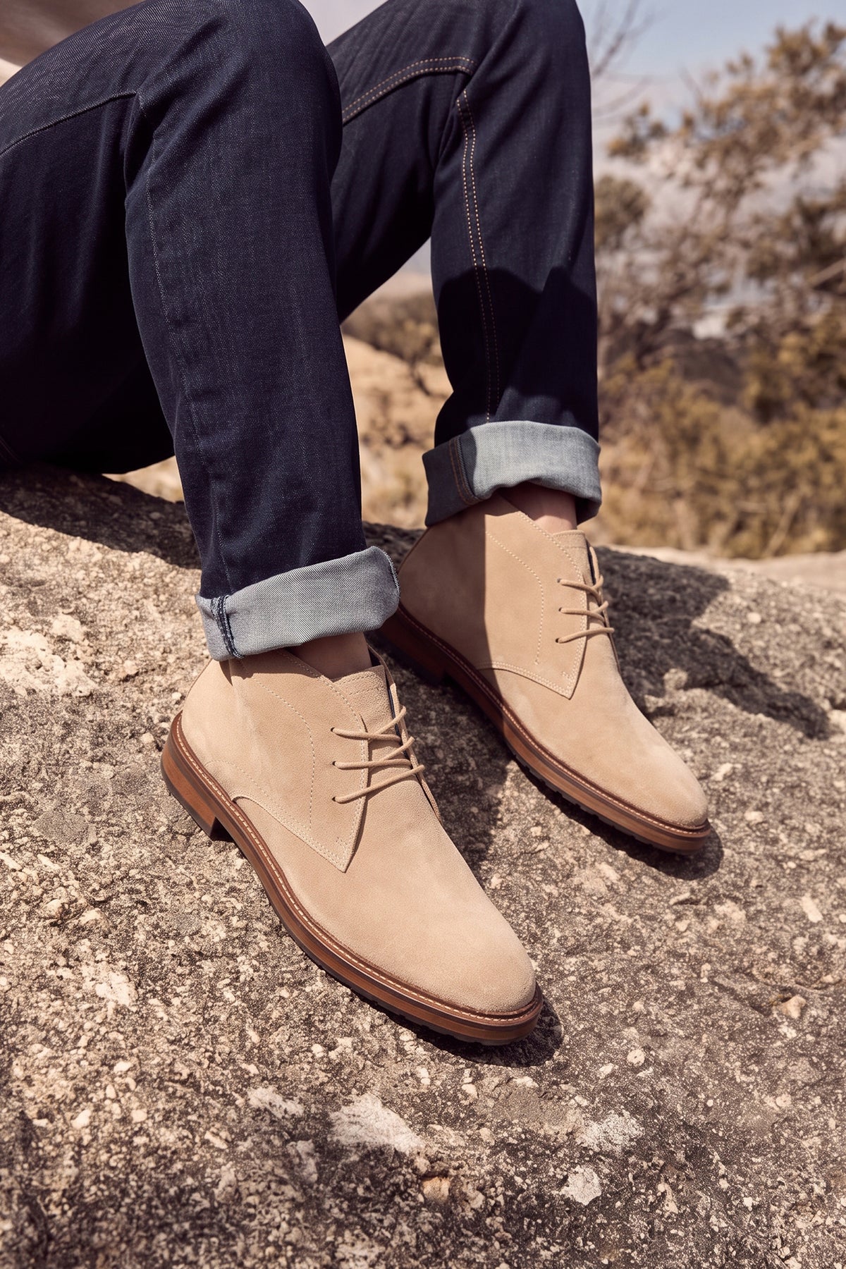 Men's Franklin Taupe Suede lace-up ankle boots by Oswin Hyde featuring a soft taupe finish and sturdy heel.