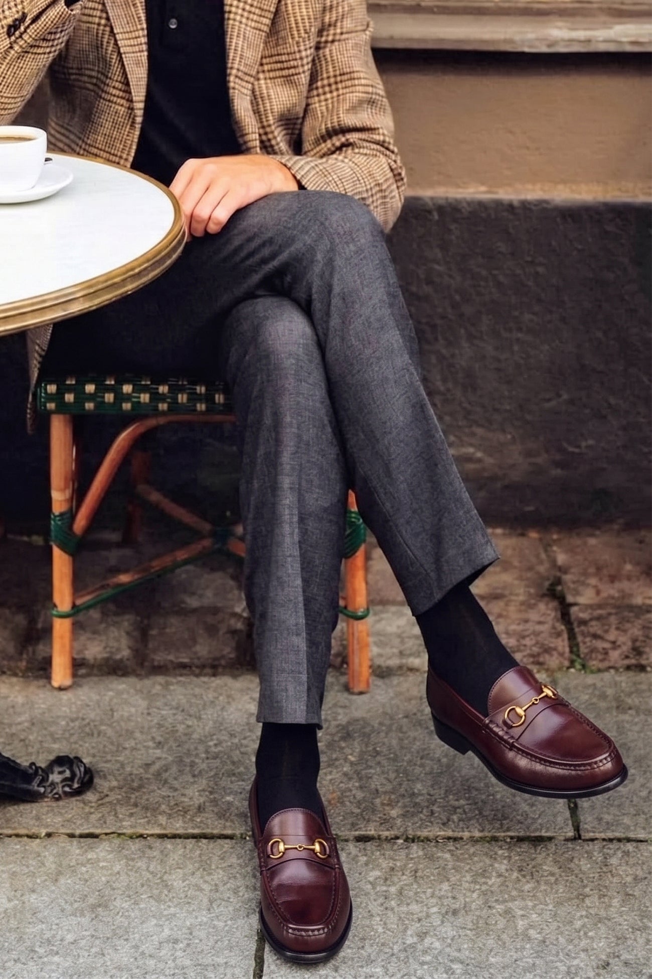 Pair of Oswin Hyde Samuel Bordo burgundy leather horsebit loafers with gold buckle detail and teal lining.