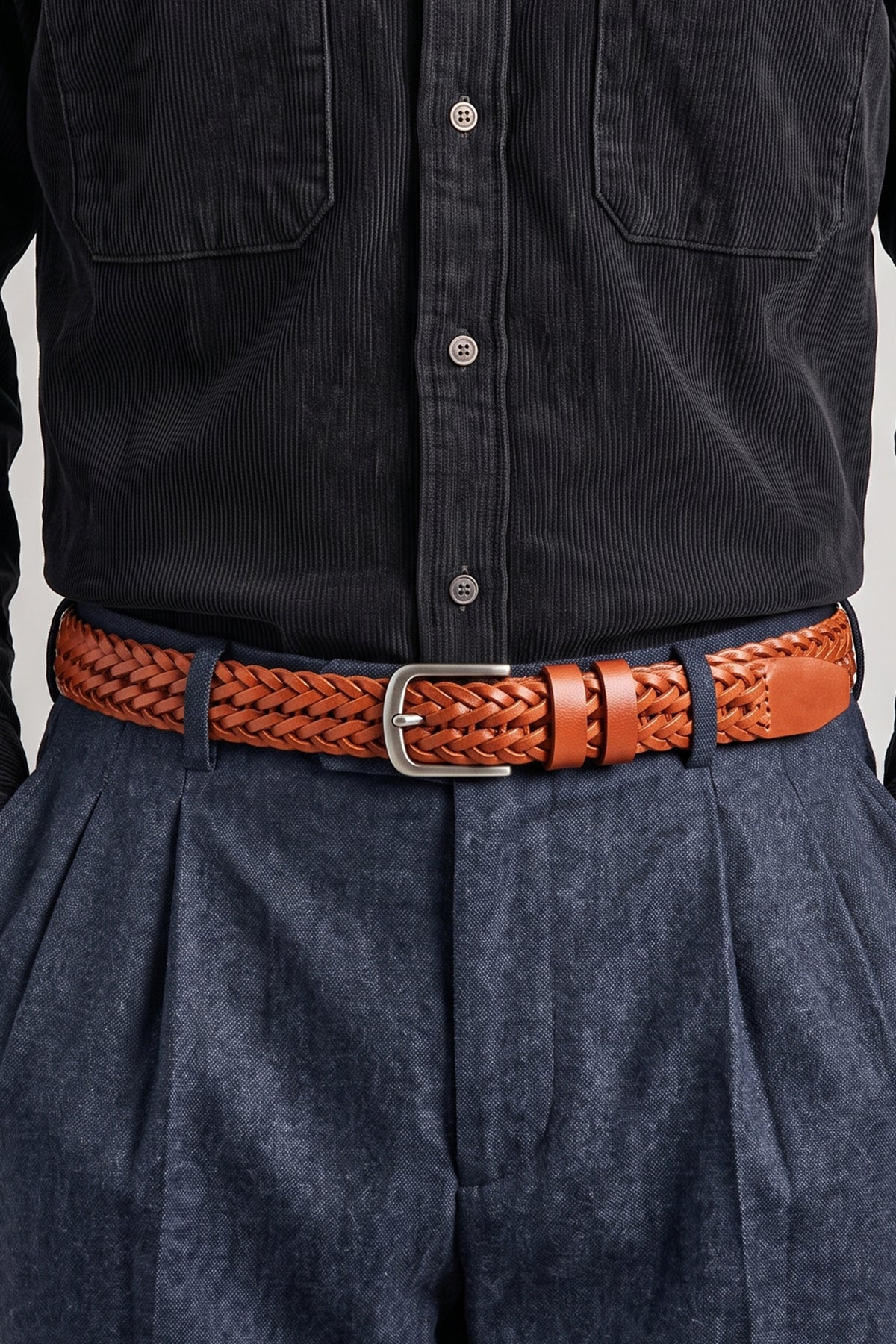 Men's Milo Tan braided leather belt by Oswin Hyde featuring hand-woven leather and a brushed silver buckle