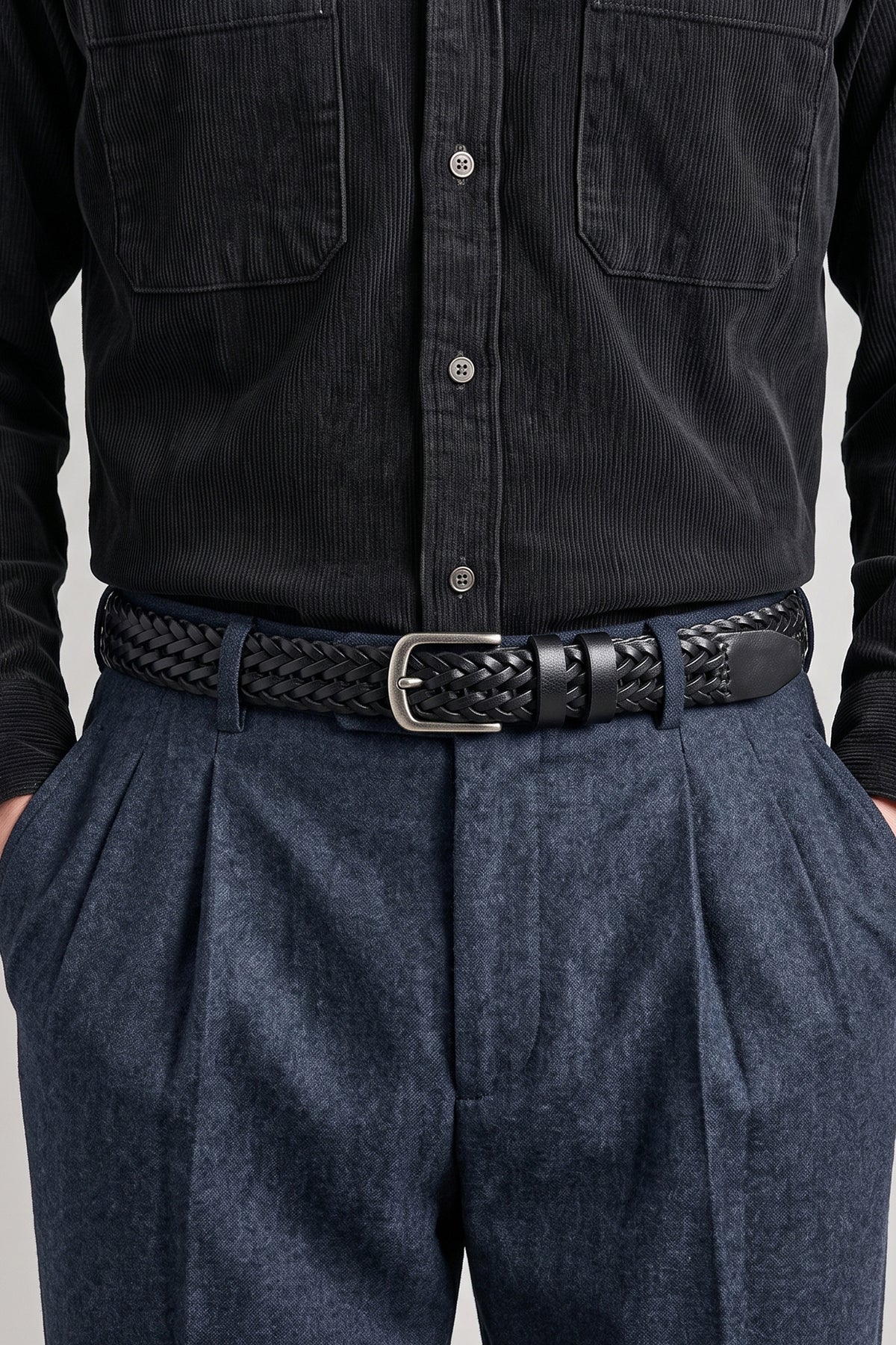 Milo black braided leather belt with brushed silver buckle