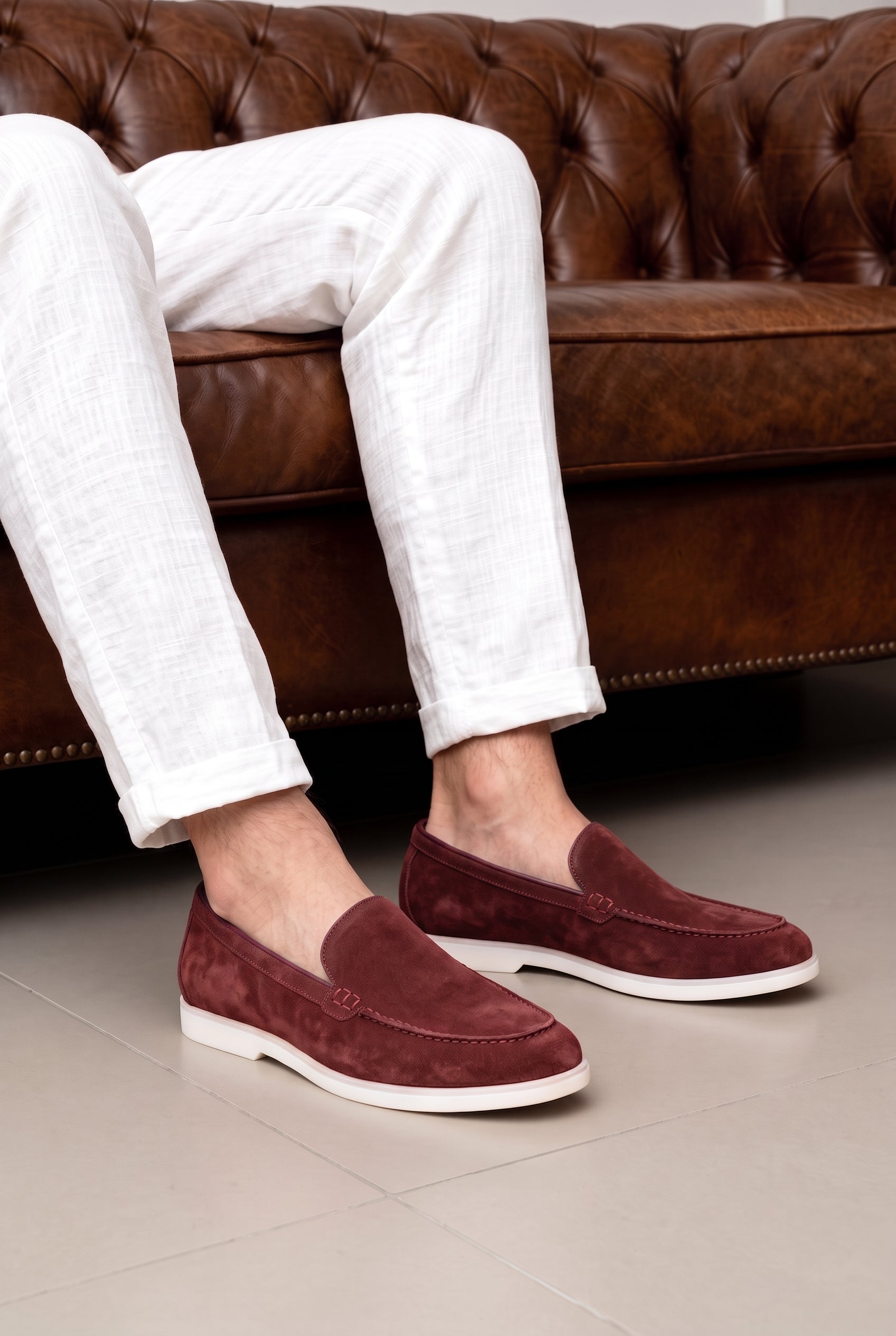 Oswin hyde Men's Morgan Wine burgundy suede slip-on loafers with white soles